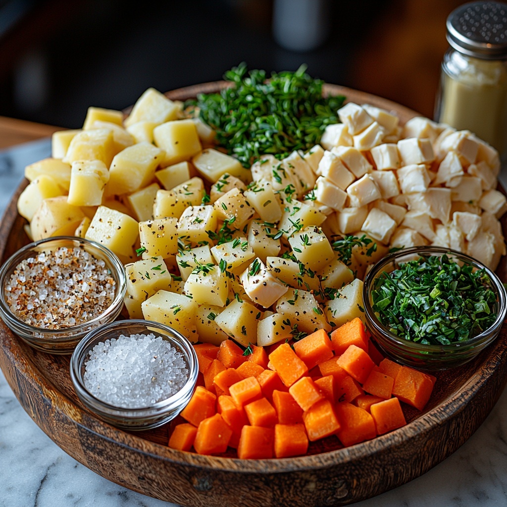 Rotisserie chicken shredded pieces, peeled and diced Yukon gold potatoes in half-inch cubes, wide egg noodles uncooked, medium diced orange carrots, finely diced celery stalks, finely diced medium onion, minced garlic cloves, fresh chopped thyme sprigs, whole dried bay leaf, kosher salt crystals in small pile, olive oil in small glass bowl, unsalted butter pat on rustic wooden board, finely chopped fresh parsley, ingredients arranged neatly on a light, clean marble surface with natural soft daylight, vibrant colors and varied textures emphasizing freshness and rustic homeliness, warm and inviting palette, space between each ingredient for clarity, minimal shadows, overhead shot, top down view, flat lay photography, professional food styling --ar 1:1 --q 2 --s 750 --v 6.1