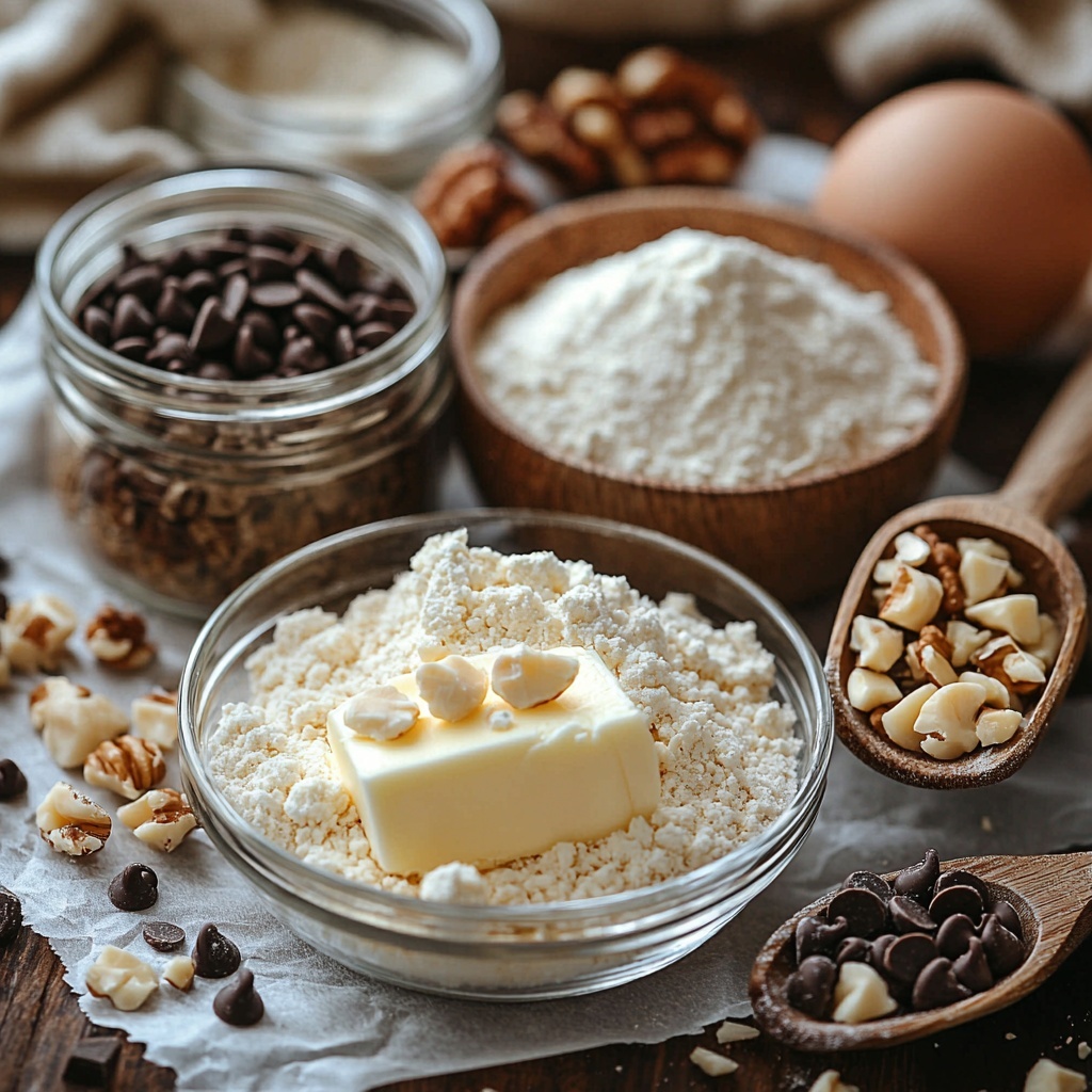 a clean, bright kitchen surface featuring a flat lay arrangement of cookie ingredients: a small glass bowl filled with all-purpose flour, a separate dish with baking soda and salt, a small ramekin of granulated sugar next to another with brown sugar showing their contrasting textures and colors; a softened block of unsalted butter on parchment paper with a vintage butter knife; a cracked large egg in a delicate white bowl; a small glass jar of pure vanilla extract with amber liquid visible; a wooden scoop overflowing with glossy dark chocolate chips; a rustic bowl holding roughly chopped creamy white macadamia nuts; natural light casting soft shadows highlighting textures of dry ingredients, smooth butter, and glossy chocolate chips; clean, neutral-toned linen napkin folded neatly in one corner; subtle props like a wooden spoon and parchment paper adding warmth and context overhead shot, top down view, flat lay photography, professional food styling --ar 1:1 --q 2 --s 750 --v 6.1