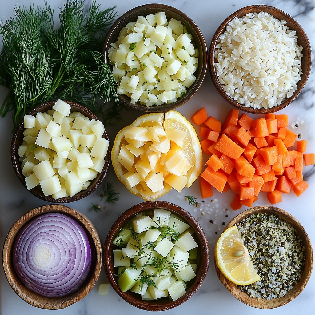 vibrant flat lay of fresh ingredients for orzo, leek, and dill soup arranged artfully on a clean white marble surface: finely chopped deep purple-red onion in a small rustic ceramic bowl, peeled whole garlic cloves and finely chopped garlic scattered nearby, bright orange diced carrot neatly piled, pale green diced leek with visible white and green layers arranged in a small heap, golden olive oil in a shallow glass dish catching light, uncooked tiny orzo pasta mounded loosely showing smooth texture and warm beige color, fresh green dill sprigs carefully placed for contrast, halved lemon showing bright yellow, juicy interior, small mound of dried thyme with subtle earthy tones, scattered coarse salt crystals and black peppercorns adding texture, soft natural light highlighting freshness and vibrant colors, slight shadows for depth, minimalistic clean styling with natural elements like a wooden spoon and linen napkin subtly placed, overhead shot, top down view, flat lay photography, professional food styling --ar 1:1 --q 2 --s 750 --v 6.1