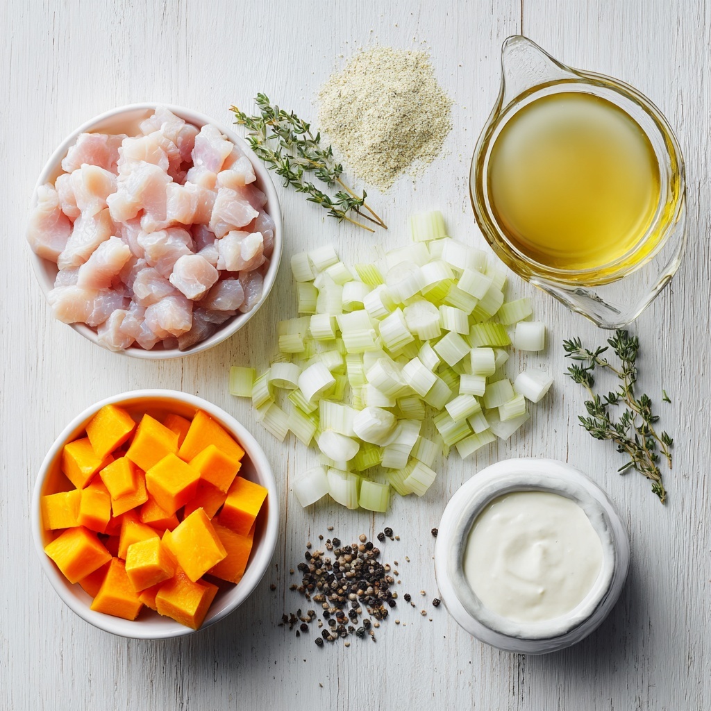 chicken breast diced into small cubes, bright white and pink hues; large leek sliced into thin rounds, pale green and white layers visible; vibrant orange butternut squash cubed with smooth surfaces; small glass bowl of golden olive oil with a slight sheen; heap of garlic powder, fine and off-white; dried thyme sprigs, muted green and textured; coarse salt crystals and cracked black peppercorns scattered delicately; transparent measuring cup filled halfway with light golden chicken broth; small ramekin of creamy white heavy cream with a smooth surface. All ingredients artfully arranged separately on a clean, light-colored wooden surface with soft natural lighting highlighting the varied textures and colors. Minimal shadows, airy and fresh styling with subtle sprigs of thyme as garnish, slight overhead angle emphasizing vibrant, contrasting colors and rustic charm. overhead shot, top down view, flat lay photography, professional food styling --ar 1:1 --q 2 --s 750 --v 6.1