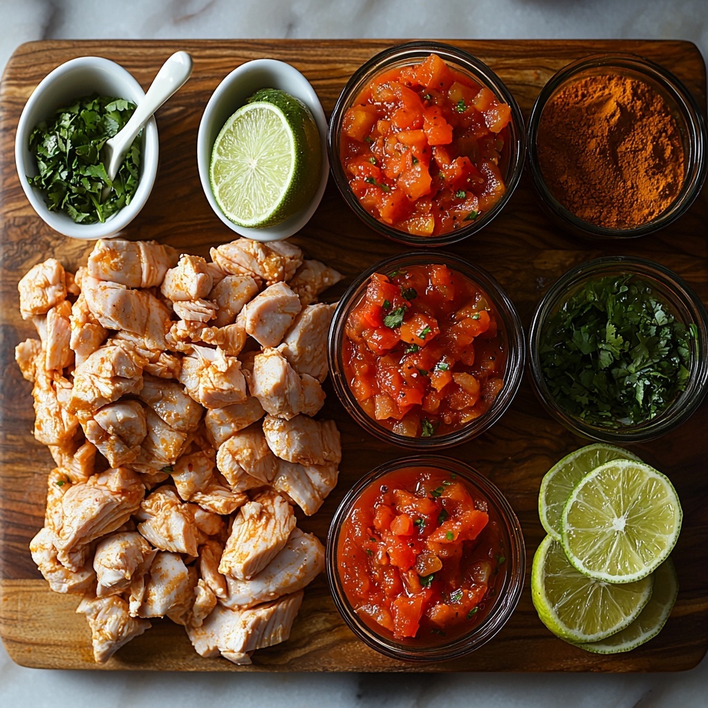 boneless skinless chicken breasts, chili powder, ground cumin, paprika, garlic powder, onion powder, red salsa in a clear glass bowl, fresh limes cut in halves and wedges, small bowl of chicken broth, rustic white ceramic spoons holding each spice, all ingredients neatly arranged on a clean white marble surface with natural soft daylight illuminating from the side, vibrant colors contrasting with the neutral background, textures visible from the raw chicken, powdered spices, juicy salsa and fresh lime zest, minimal green herbs for subtle color pop, slight shadows for depth, wooden cutting board with shredded chicken off to one side, overhead shot, top down view, flat lay photography, professional food styling --ar 1:1 --q 2 --s 750 --v 6.1