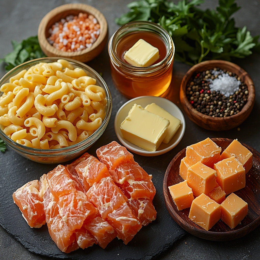 A clean white marble surface with neatly arranged ingredients for hot honey chicken mac and cheese: uncooked elbow macaroni in a small glass bowl showing pale yellow curves, shredded bright orange cheddar cheese in a rustic wooden bowl revealing fine texture, a clear measuring cup filled with creamy white milk, three golden tablespoons of butter on a simple white dish, raw plump chicken tenders with slight pink hues on a dark slate plate, a small glass jar of amber-colored hot honey sauce with viscous texture and honey dipper resting beside it, fresh vibrant green parsley sprigs artfully scattered, small bowls of coarse sea salt and cracked black peppercorns for seasoning. Soft natural light emphasizing vivid colors and textures, subtle shadows for depth, minimal props to keep focus on ingredients, arranged with balanced spacing creating visual harmony, overhead shot, top down view, flat lay photography, professional food styling --ar 1:1 --q 2 --s 750 --v 6.1