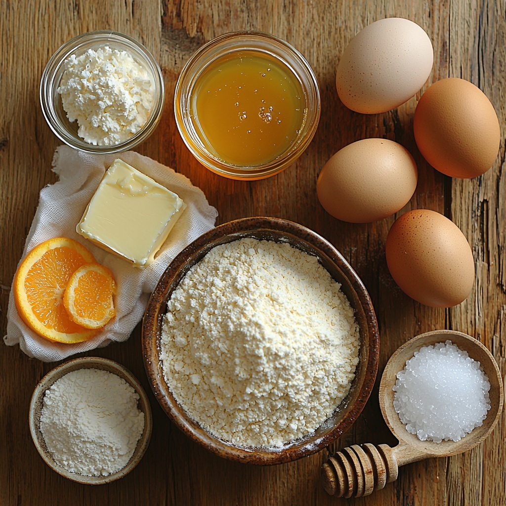 2 cups all-purpose flour in a rustic ceramic bowl, a small glass jar of golden honey with a wooden honey dipper resting beside it, a vintage butter dish holding half a cup of softened unsalted butter with creamy texture, a clear glass bowl filled with sparkling white granulated sugar, three large fresh brown eggs arranged neatly on a natural linen cloth, a small glass measuring cup with bright orange juice, a small plate with vibrant orange zest curls and a pile of finely grated fresh ginger root showing fibrous texture, a wooden spoon scattered with white baking powder, a teaspoon with baking soda powder, and a pinch of salt crystals sprinkled artistically on the surface. All ingredients are laid out on a smooth, light wooden surface with natural soft daylight casting gentle shadows. The composition is balanced with warm tones of honey, butter, and orange contrasted against neutral whites and browns, styled with simple, clean props for an inviting, fresh kitchen feel. overhead shot, top down view, flat lay photography, professional food styling --ar 1:1 --q 2 --s 750 --v 6.1