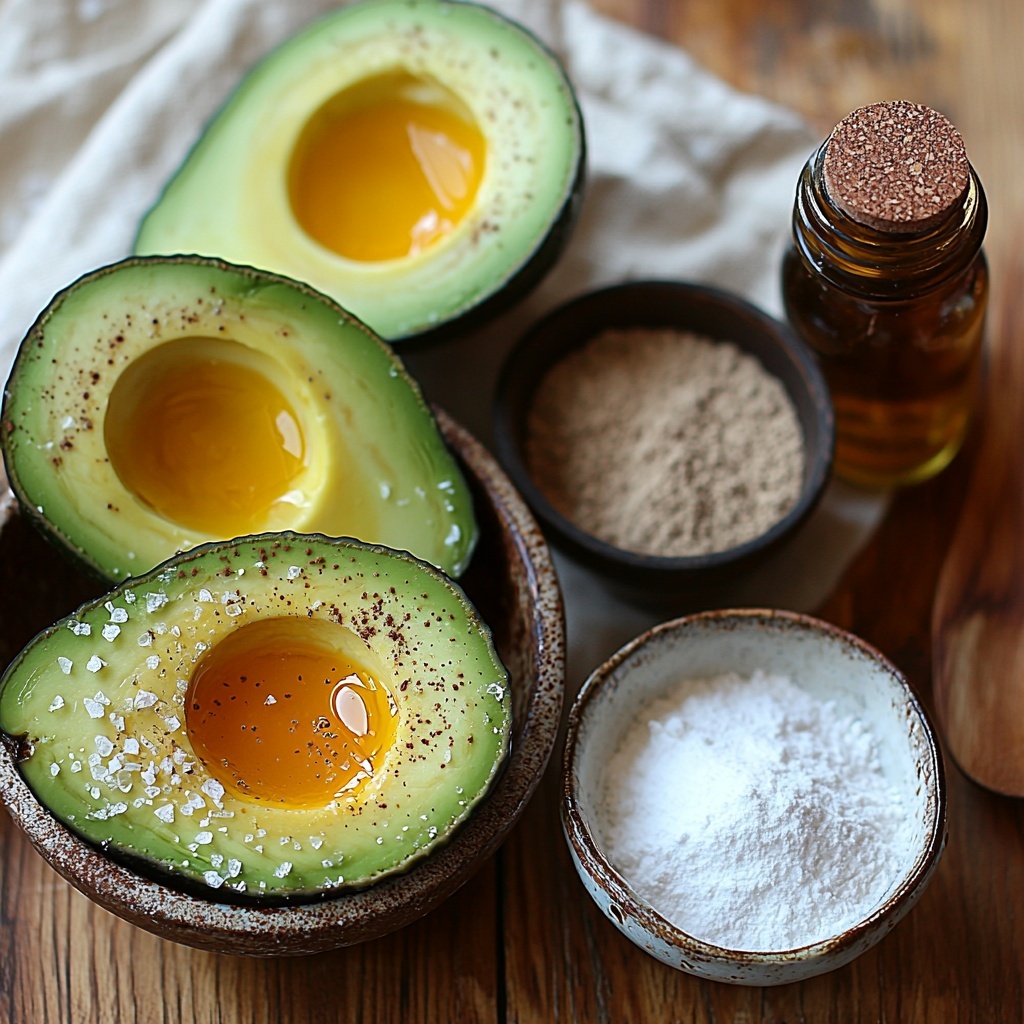 4 large brown eggs in a small rustic ceramic bowl, two ripe green avocados halved to reveal creamy interiors with contrasting dark seed pits, a glass measuring cup filled with golden melted butter, a small vintage dish holding creamy light brown unsweetened peanut butter, a tiny white ramekin with fine white baking soda powder, a simple clear bowl containing white keto-friendly granulated sugar crystals, a matte black bowl filled with rich dark brown unsweetened cocoa powder, a small amber glass bottle of pure vanilla extract with a wooden cork, a pinch bowl of coarse kosher salt, and a sprinkling of flaky sea salt crystals on a natural light wood surface. The ingredients are carefully spaced with natural diffused daylight highlighting the varied textures: smoothness of the avocado, glossiness of the butter, powdery softness of baking soda and cocoa, and the slight roughness of sugar crystals. Subtle shadows add depth, while neutral linen napkins and minimalist ceramic spoons add warmth and balance to the composition. Overhead shot, top down view, flat lay photography, professional food styling --ar 1:1 --q 2 --s 750 --v 6.1