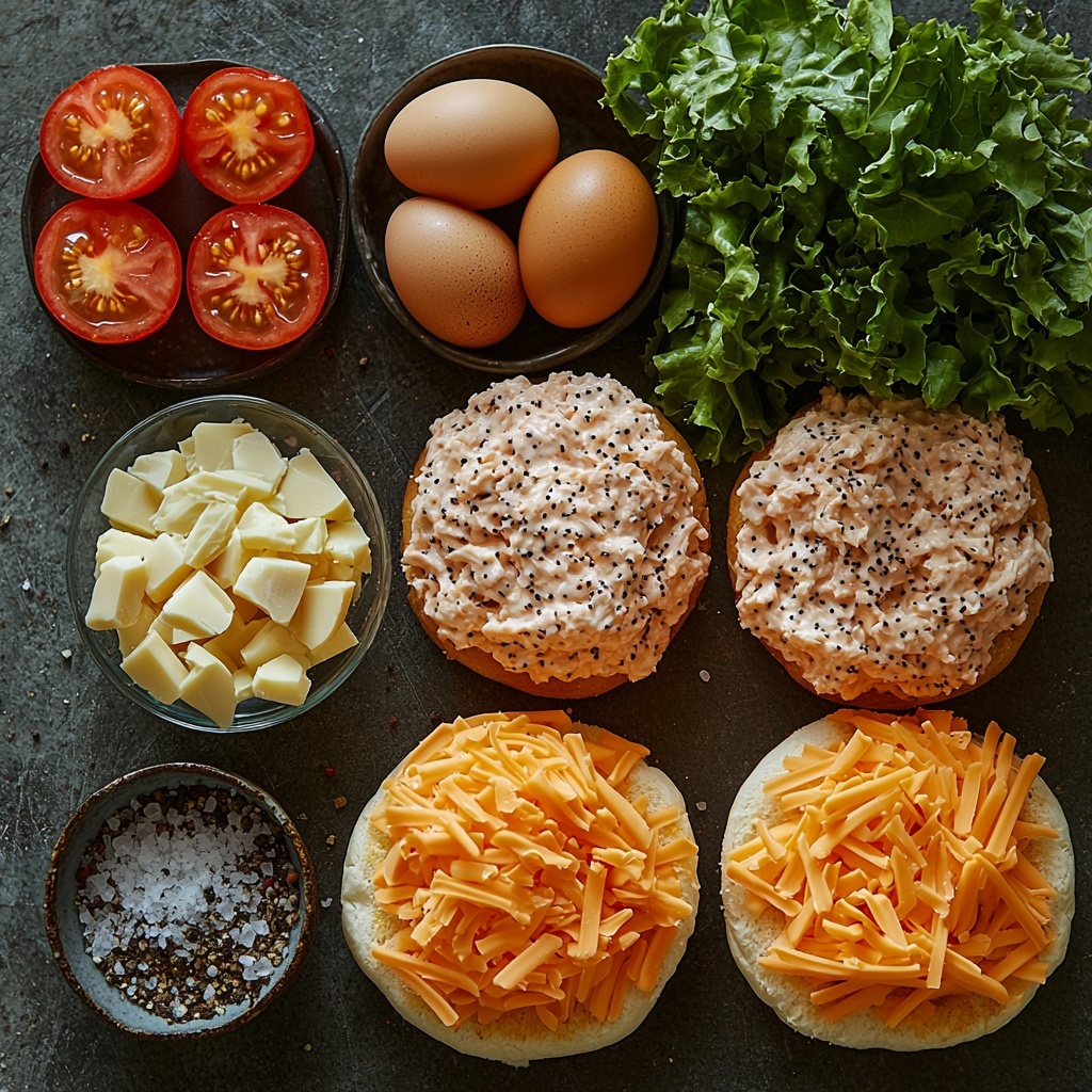 A clean, bright surface with all ingredients for Cheddar Ranch Chicken Burgers carefully arranged for flat lay photography: a small bowl of raw ground chicken showcasing its pale pink texture, a heap of shredded sharp cheddar cheese in bright orange-yellow hues, an open packet and a small pile of pale ranch seasoning powder, a small clear bowl with light beige breadcrumbs, a fresh whole egg with smooth white shell, salt and pepper in small elegant bowls with coarse grains and dark specks, soft golden brown burger buns stacked neatly, crisp green lettuce leaves, and vibrant red tomato slices arranged artfully nearby. The composition emphasizes contrasting colors and textures — soft ground meat, crumbly cheese, powdery seasoning, smooth egg, and fresh produce — all spaced evenly with natural soft daylight highlighting details and subtle shadows. Overhead shot, top down view, flat lay photography, professional food styling --ar 1:1 --q 2 --s 750 --v 6.1