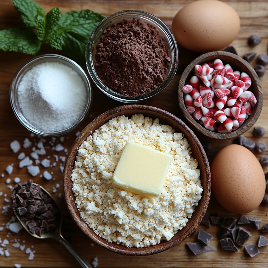 Unsalted butter in a smooth block and softened dollop, granulated sugar in a small glass bowl sparkling with fine white crystals, rich brown sugar with a slightly moist texture in a rustic ceramic bowl, two large brown eggs with smooth shells, a small glass jar of golden vanilla extract, all-purpose flour in a neat mound on parchment paper showing soft powdery texture, deep brown cocoa powder in a wooden scoop with fine velvety granules, coarse white baking soda crystals in a tiny ramekin, a small pinch of fine salt crystals scattered delicately, glossy semi-sweet chocolate chips in a small wooden bowl, vibrant crushed peppermint candies broken into irregular shards of red and white stripes, all ingredients carefully spaced and arranged on a clean light wooden surface with soft natural lighting highlighting textures, subtle shadows adding depth, sprigs of fresh mint and a vintage silver measuring spoon placed artistically nearby for contrast, overhead shot, top down view, flat lay photography, professional food styling --ar 1:1 --q 2 --s 750 --v 6.1