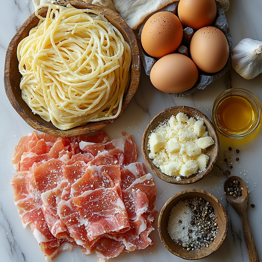 A clean white marble surface neatly arranged with the main ingredients for Gordon Ramsay’s Carbonara: a bundle of uncooked golden-yellow spaghetti fanned out on one side; next to it, thick pinkish-red strips of guanciale with visible marbling; a small rustic wooden bowl filled with freshly grated Pecorino Romano cheese, showing fine snowy white shreds; a smaller bowl of finely grated light yellow Parmesan cheese; four large fresh eggs with smooth pale brown shells placed in a neat cluster; two whole peeled garlic cloves with a slightly glossy texture resting nearby; a tiny glass dish containing rich golden olive oil catching the light; a small wooden spoon filled with coarse black freshly ground pepper; and a delicate pinch bowl of sea salt crystals. Soft natural light casts gentle shadows, highlighting the varied textures from smooth eggs to rough cheese shreds and glossy oil. Minimalist styling with neutral linen napkins and subtle props, creating a warm, inviting atmosphere. overhead shot, top down view, flat lay photography, professional food styling --ar 1:1 --q 2 --s 750 --v 6.1