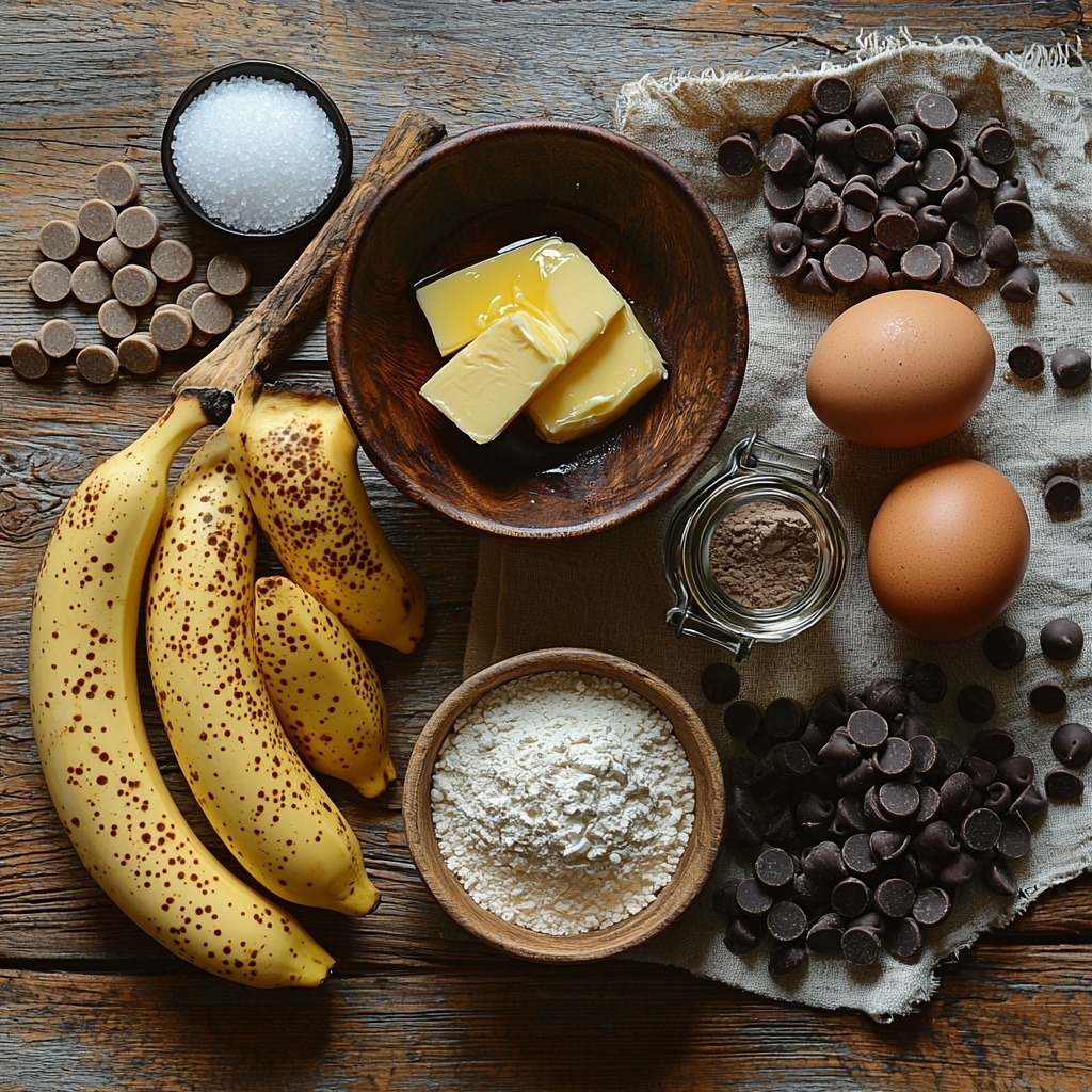ripe bananas, melted butter in a small glass bowl, granulated sugar spilling slightly from a rustic wooden spoon, a large brown egg in an open ceramic bowl, a small glass jar with vanilla extract, a small heap of baking soda powder on a white porcelain spoon, fine table salt in a miniature dish, a neat pile of all-purpose flour with a measuring cup resting beside it, glossy dark chocolate chips scattered artfully on a linen napkin; all ingredients arranged on a clean, light wooden surface with natural daylight casting soft shadows; warm, inviting color palette emphasizing the golden yellows of banana and butter, the rich brown of chocolate chips, and the creamy whites of flour and sugar; textures highlighted with subtle depth of field, minimalistic and balanced composition with negative space for a modern, fresh look; overhead shot, top down view, flat lay photography, professional food styling --ar 1:1 --q 2 --s 750 --v 6.1