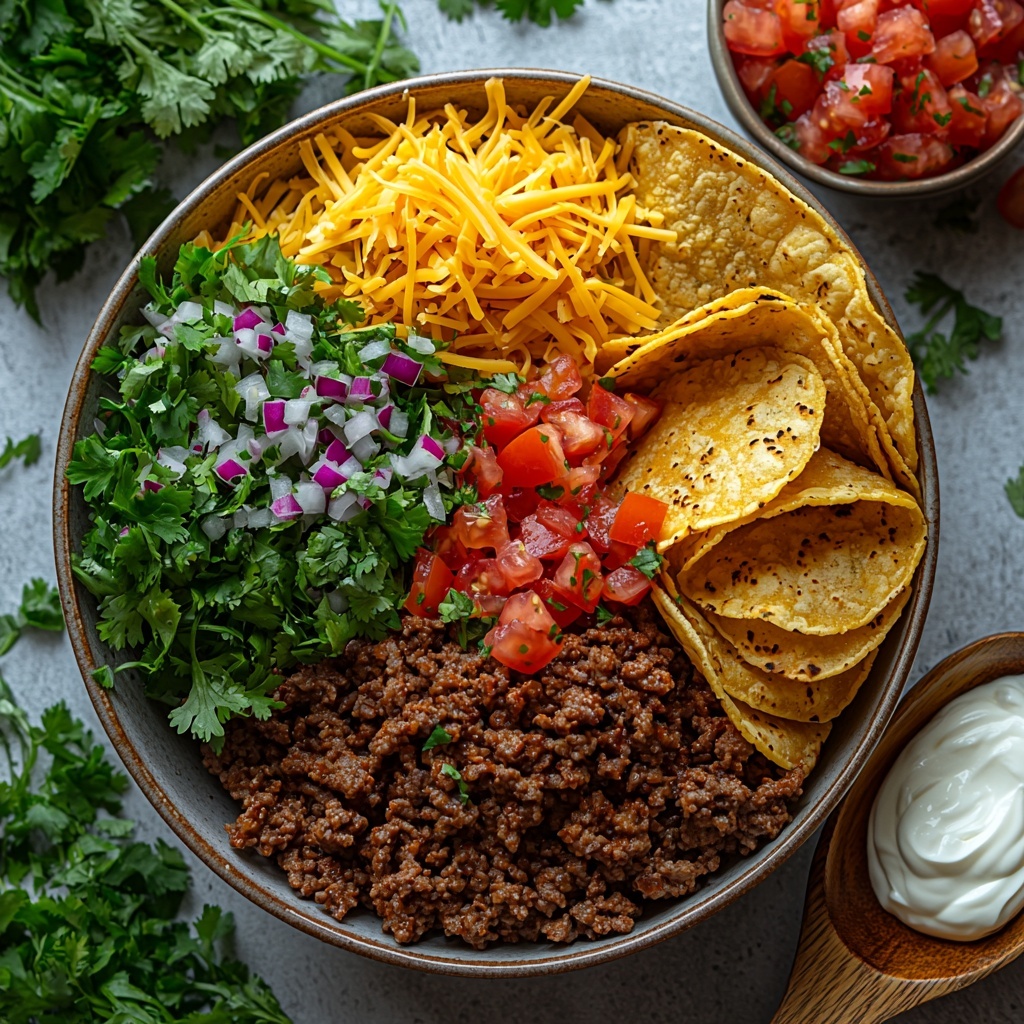 A clean white surface with a vibrant flat lay arrangement of classic beef taco ingredients: a bowl of richly browned ground beef flecked with taco seasoning, a small packet of colorful taco seasoning mix unopened beside it, a neat stack of golden, crisp taco shells fanned out, a pile of fresh shredded green lettuce with delicate leafy textures, bright red diced tomatoes glistening with freshness, and a small mound of finely shredded sharp cheddar cheese in bright orange hues. Include a rustic wooden spoon lightly dusted with seasoning, a small bowl of creamy white sour cream and a bowl of chunky red salsa set subtly in the frame. Natural daylight highlights the rich colors and varied textures with soft shadows for depth. The scene is styled minimally with a few cilantro sprigs scattered around for a pop of green and a casual, inviting vibe. overhead shot, top down view, flat lay photography, professional food styling --ar 1:1 --q 2 --s 750 --v 6.1