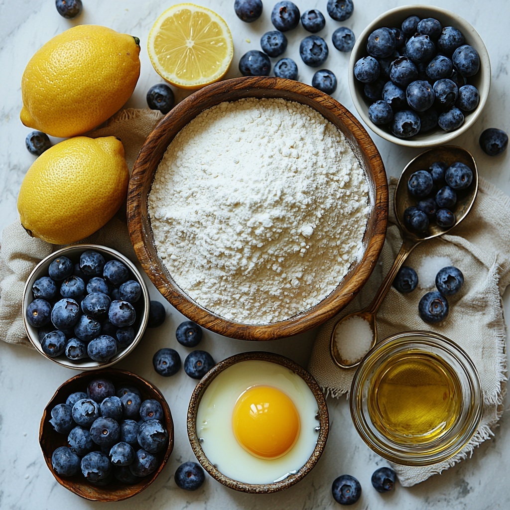 A clean white surface featuring all the main ingredients for lemon blueberry muffins arranged neatly: a wooden bowl filled with 2 cups of white flour dusted lightly with flour on the surface, a small glass bowl of 3/4 cup granulated sugar sparkling under soft light, a ceramic spoon with 2 teaspoons of baking powder, a small heap of fine salt beside it, a clear glass measuring cup holding 1 cup creamy milk, a small transparent bowl with 1/3 cup light golden oil reflecting soft highlights, a cracked brown egg with the yolk visible in a shallow white dish, a bright yellow lemon next to a small pile of freshly grated lemon zest, and a small ceramic bowl heaped with plump, fresh deep blue blueberries lightly dusted with flour. The ingredients are spaced evenly with natural shadows, pops of vibrant blue from the berries offsetting the warm yellows of lemon and egg yolk, all textures—from powdery flour to glossy liquid oil and juicy blueberries—clearly visible. Styled with a linen napkin folded gently to one side and a vintage silver spoon for a homely, inviting feel. Soft natural lighting enhances the contrasts and vibrant colors. Overhead shot, top down view, flat lay photography, professional food styling --ar 1:1 --q 2 --s 750 --v 6.1