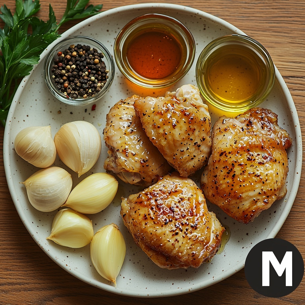 flat lay of raw chicken thighs arranged neatly on a clean white ceramic plate, surrounded by small glass bowls containing golden amber honey, dark glossy soy sauce, and a drizzle of rich olive oil, whole peeled garlic cloves scattered artfully nearby on a smooth light wood surface, natural soft lighting highlighting the moist texture of the chicken skin and the shiny viscous honey, subtle shadows creating depth, a few fresh green herbs like parsley for a pop of color, minimalist styling with clean space around the ingredients emphasizing freshness and simplicity, overhead shot, top down view, flat lay photography, professional food styling --ar 1:1 --q 2 --s 750 --v 6.1