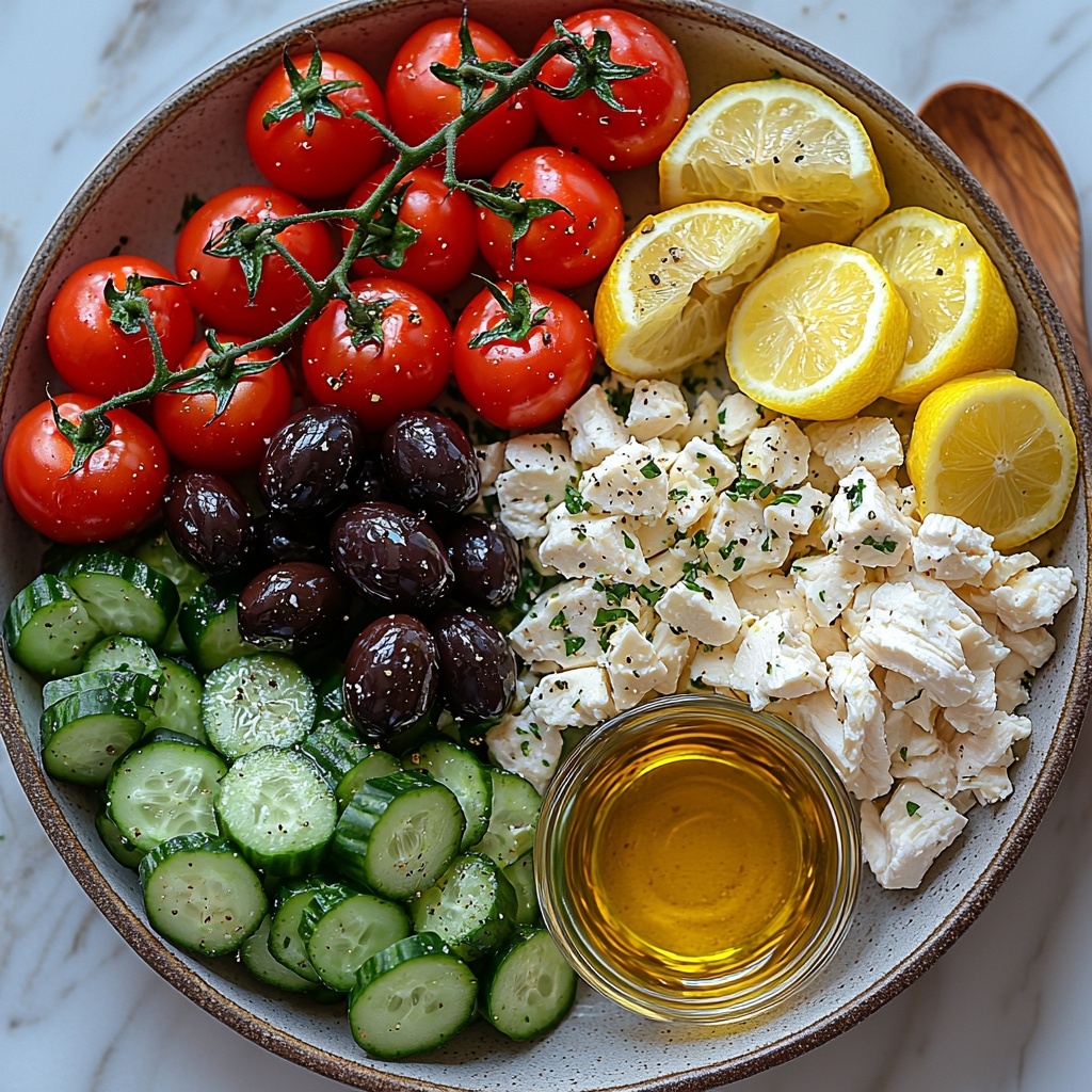 A clean white marble surface with neatly arranged ingredients for Greek Chicken Salad: bright red cherry tomatoes whole and halved, crisp green cucumber slices, shiny black olives scattered naturally, crumbled white feta cheese in small chunks, tender shredded cooked chicken in a small rustic bowl, a small glass dish of golden olive oil, and a halved lemon with vibrant yellow flesh. The colors contrast beautifully—fresh greens, reds, whites, and deep black olives—showcasing fresh textures of juicy tomatoes, creamy feta, and juicy lemon. Soft natural lighting creates gentle shadows and highlights to enhance textures. Minimal rustic props like a wooden spoon and linen napkin placed subtly around the ingredients for a casual yet elegant look. Overhead shot, top down view, flat lay photography, professional food styling --ar 1:1 --q 2 --s 750 --v 6.1