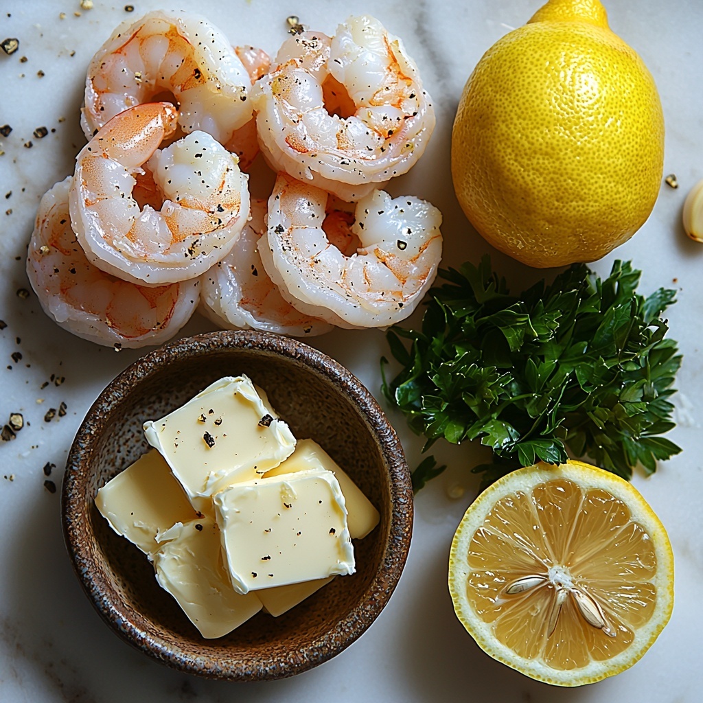 Flat lay of main ingredients for Garlic Butter Shrimp arranged neatly on a clean white marble surface: raw pink shrimp with translucent shells, a small rustic bowl of golden melted butter, several cloves of pale creamy garlic with papery skins, and a halved bright yellow lemon with juicy, glistening pulp. The ingredients are spaced evenly with natural shadows, showcasing varied textures — the smooth shrimp, glossy butter, rough garlic bulbs, and vibrant citrus. Soft natural lighting emphasizes fresh colors and subtle details. Overhead shot, top down view, flat lay photography, professional food styling --ar 1:1 --q 2 --s 750 --v 6.1