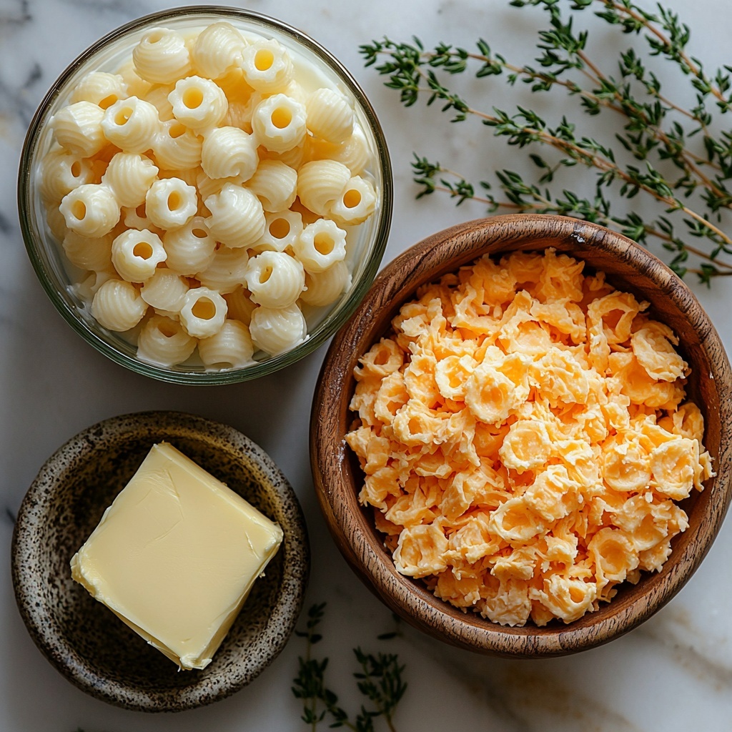 A clean white marble surface with elbow macaroni scattered casually to one side, a small wooden bowl filled with shredded sharp cheddar cheese vibrant orange in color, a vintage glass measuring cup partially filled with creamy white milk, and a rustic pat of golden butter resting on a small ceramic dish. Natural soft daylight highlights the textures—the smoothness of the milk, the rich crumbly cheese, the slight shine on the butter, and the matte finish of the pasta. Minimal shadows, balanced composition with a touch of greenery from a fresh thyme sprig for contrast. Overhead shot, top down view, flat lay photography, professional food styling --ar 1:1 --q 2 --s 750 --v 6.1