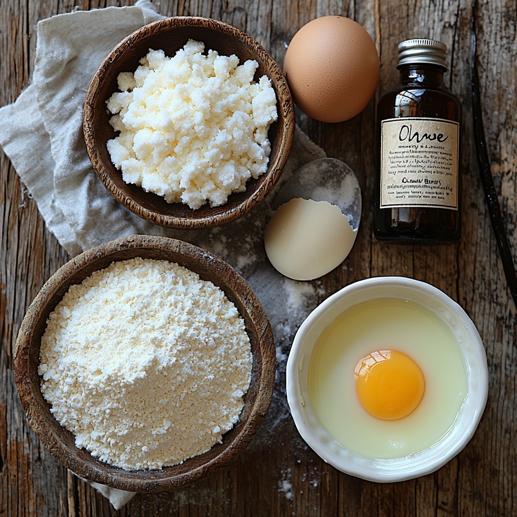 Butter, granulated sugar in a small glass bowl sparkling under soft light, a cracked egg with bright yellow yolk in a delicate white bowl, a small mound of fine white flour dusted lightly on parchment paper, a glass bottle of vanilla extract with a rich amber color, all neatly arranged on a clean, light wooden surface. The ingredients are spaced evenly with natural shadows and a minimalistic style, accented by a vintage silver spoon and a piece of rustic linen fabric for texture contrast. Warm, natural daylight enhances the creamy, powdery, and glossy textures, creating an inviting and fresh atmosphere. overhead shot, top down view, flat lay photography, professional food styling --ar 1:1 --q 2 --s 750 --v 6.1