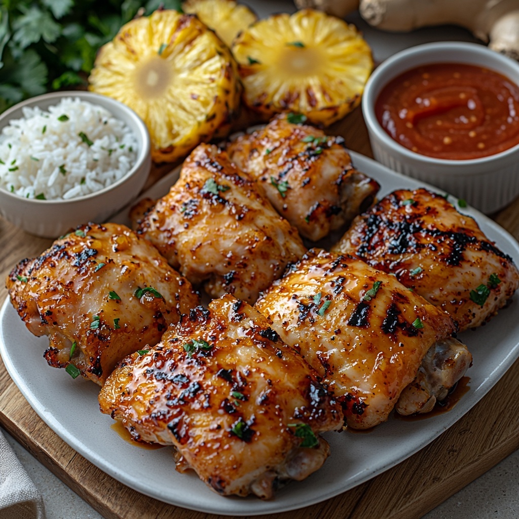 2- Boneless skinless chicken thighs arranged neatly on a clean white ceramic plate, next to a small rustic bowl filled with dark glossy soy sauce, a glass measuring cup brimming with vibrant golden pineapple juice, a small mound of rich dark brown sugar crystals on a white marble slab, a dollop of bright red ketchup on a clean white porcelain dish, two cloves of fresh garlic minced finely with some whole cloves nearby on a natural wooden cutting board, a small piece of fresh ginger root with freshly grated ginger on a small plate, a bowl of fluffy white sticky jasmine rice with visible grains, four slices of golden grilled pineapple showing caramelized edges on a bamboo serving tray, a small clear glass container with reserved marinade glistening, all ingredients carefully spaced and balanced on a clean light wood surface with soft natural sunlight highlighting the varied textures—colors vibrant and contrasting with the warm tones of wood and fresh produce, minimal props, shadow play for depth, clean and bright aesthetic, overhead shot, top down view, flat lay photography, professional food styling --ar 1:1 --q 2 --s 750 --v 6.1