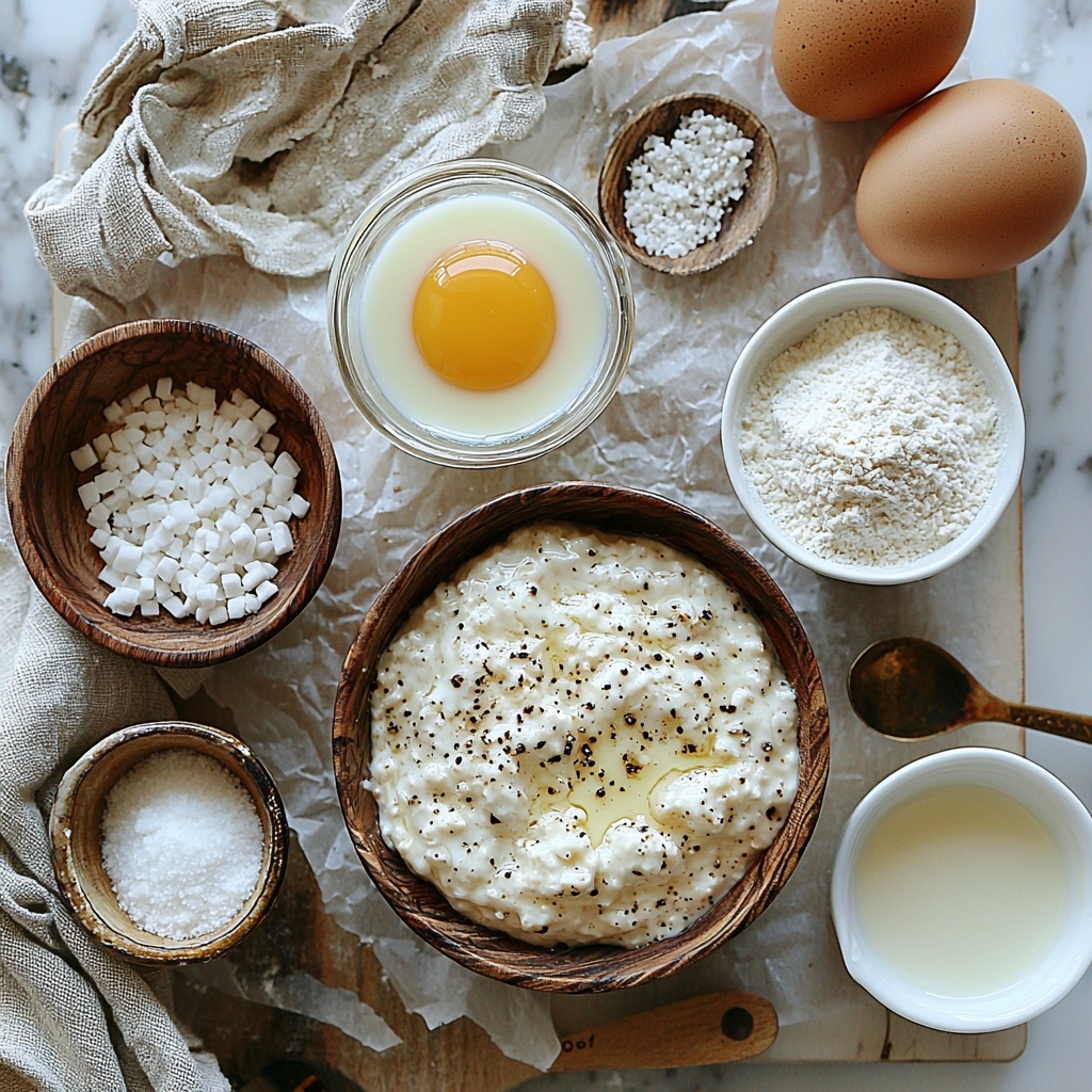 3- warm milk in a small glass measuring cup with a slight creamy off-white color, a rustic small bowl filled with pale beige sourdough discard showing smooth, slightly bubbly texture, a shallow dish holding golden-hued oil glistening under soft light, a single large brown egg with slight speckles sitting on a clean white surface, a small white bowl with fine white sugar granules sparkling subtly, a tiny heap of fine off-white instant yeast powder on parchment paper, a neat pile of fine salt crystals shimmering slightly, a generous mound of spooned and leveled all-purpose flour showing soft airy texture, a small white ramekin filled with bright yellow cornmeal featuring a gritty texture, all ingredients carefully spaced and arranged on a clean light wood or marble surface with soft natural daylight casting gentle shadows, styled minimally with light linen fabric edges and vintage measuring spoons nearby, soft neutral tones with warm highlights emphasizing ingredients’ natural colors and textures, overhead shot, top down view, flat lay photography, professional food styling --ar 1:1 --q 2 --s 750 --v 6.1