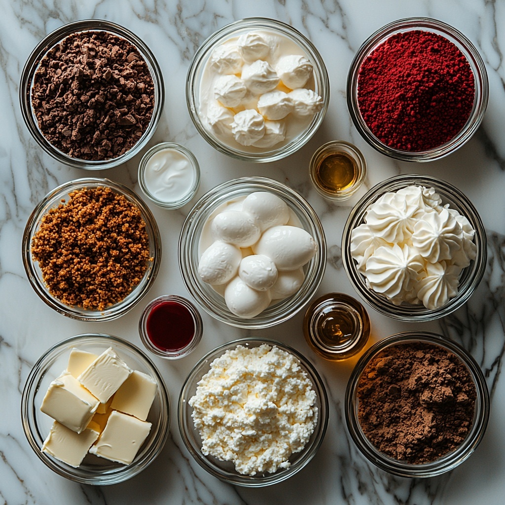 5- Flat lay of Red Velvet Cheesecake ingredients artfully arranged on a clean white marble surface: a small bowl of golden graham cracker crumbs with a rustic texture, a glass measuring cup filled with melted unsalted butter glistening warmly, a small clear bowl of granulated sugar sparkling under natural light, two blocks of softened cream cheese smooth and creamy, three large brown eggs with matte shells, a small glass dish of rich dark cocoa powder finely sifted, a tiny clear bowl with bright red food coloring liquid vibrant and glossy, a teaspoon of clear vinegar in a tiny glass container, a small bowl of powdered sugar softly mounded like snow, a small bottle of vanilla extract with amber liquid inside, and a fluffy dollop of whipped cream in a white porcelain ramekin. Each ingredient spaced evenly with subtle shadows creating depth, textures sharply focused, colors vibrant and true to life, minimalist styling with natural daylight from the side, emphasizing freshness and inviting warmth. Overhead shot, top down view, flat lay photography, professional food styling --ar 1:1 --q 2 --s 750 --v 6.1
