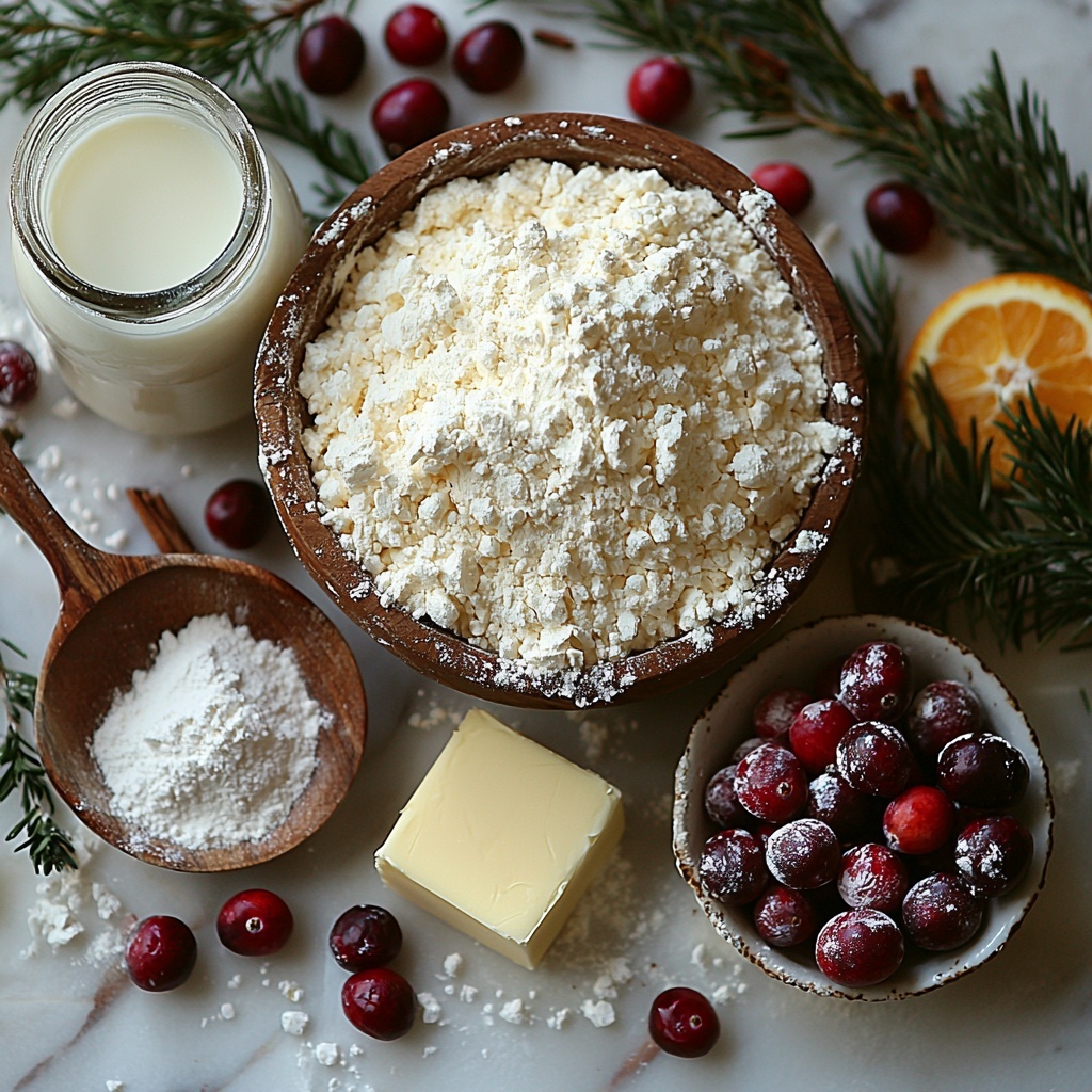 6- 4 cups all-purpose flour in a rustic ceramic bowl with a wooden spoon, scattered loose flour dusting the clean white marble surface; small glass jar of 2¼ tsp active dry yeast with some granules spilled gently around; a vintage measuring cup filled with ½ cup granulated sugar sparkling under soft light; a small porcelain dish holding 1 tsp salt crystals; a clear glass pitcher of warm milk showing condensation droplets; a slab of ½ cup unsalted butter, soft and creamy with a butter knife resting beside; heap of 2 tsp warm brown ground cinnamon in a shallow bowl, fine powder texture apparent; vibrant red fresh cranberries, some whole and some roughly chopped, scattered naturally with a few dried cranberry pieces mixed in, creating a pop of deep ruby color; bright orange zest curls from one orange with visible fine textures; bowl of 1 cup powdered sugar, smooth and snowy white; all items carefully arranged on a clean white marble surface with soft natural light casting gentle shadows, clean minimal styling emphasizing textures and vibrant colors, slight sprinkle of flour and cinnamon around adding a rustic touch, overhead shot, top down view, flat lay photography, professional food styling --ar 1:1 --q 2 --s 750 --v 6.1