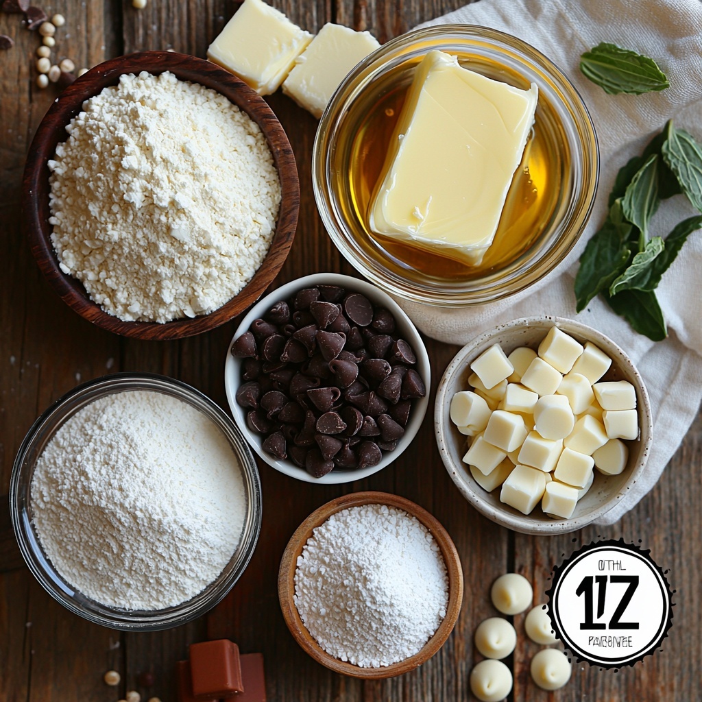 7- Softened unsalted butter in a small glass bowl with a smooth creamy texture, a neat pile of fine white powdered sugar next to it, a small glass dish holding golden vanilla extract, a mound of fine all-purpose flour with a light powdery texture, a small heap of white cornstarch powder, a small measuring spoon containing heavy cream with a glossy liquid surface, a bowl of dark chocolate chips with a deep rich brown color, another bowl with white chocolate chips in creamy ivory tones, colorful candied sprinkles scattered casually nearby adding vibrant reds, greens, yellows, and blues. All ingredients are arranged neatly on a clean, light wooden surface with natural soft daylight creating gentle shadows, styled with subtle linen cloth accents and minimal props to highlight textures and colors, emphasizing freshness and inviting warmth. overhead shot, top down view, flat lay photography, professional food styling --ar 1:1 --q 2 --s 750 --v 6.1