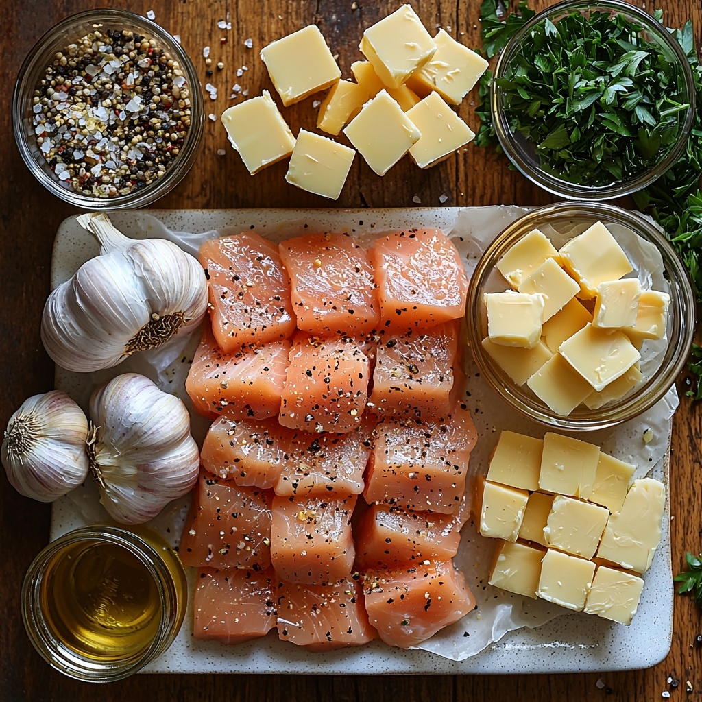 8- A clean wooden surface with all main ingredients for Chicken Scampi neatly arranged in a visually balanced flat lay: raw sliced chicken breast pieces with a pink, tender texture placed on a small white ceramic plate; 4 cloves of garlic, whole and minced, with their papery skins and vibrant white interior visible; a small glass bowl of golden yellow butter cubes, partially melted; a clear glass measuring cup filled halfway with light amber chicken broth; a clear glass with pale, slightly translucent white wine; a small pile of bright green freshly chopped parsley on white parchment paper; coarse sea salt and black peppercorns scattered artistically nearby; a bundle of uncooked linguine with smooth, pale yellow strands tied together loosely with twine. Soft natural lighting highlights the varied textures and fresh colors, shadows kept minimal for a clean and inviting look. Props kept minimal and neutral to emphasize ingredients. Overhead shot, top down view, flat lay photography, professional food styling --ar 1:1 --q 2 --s 750 --v 6.1