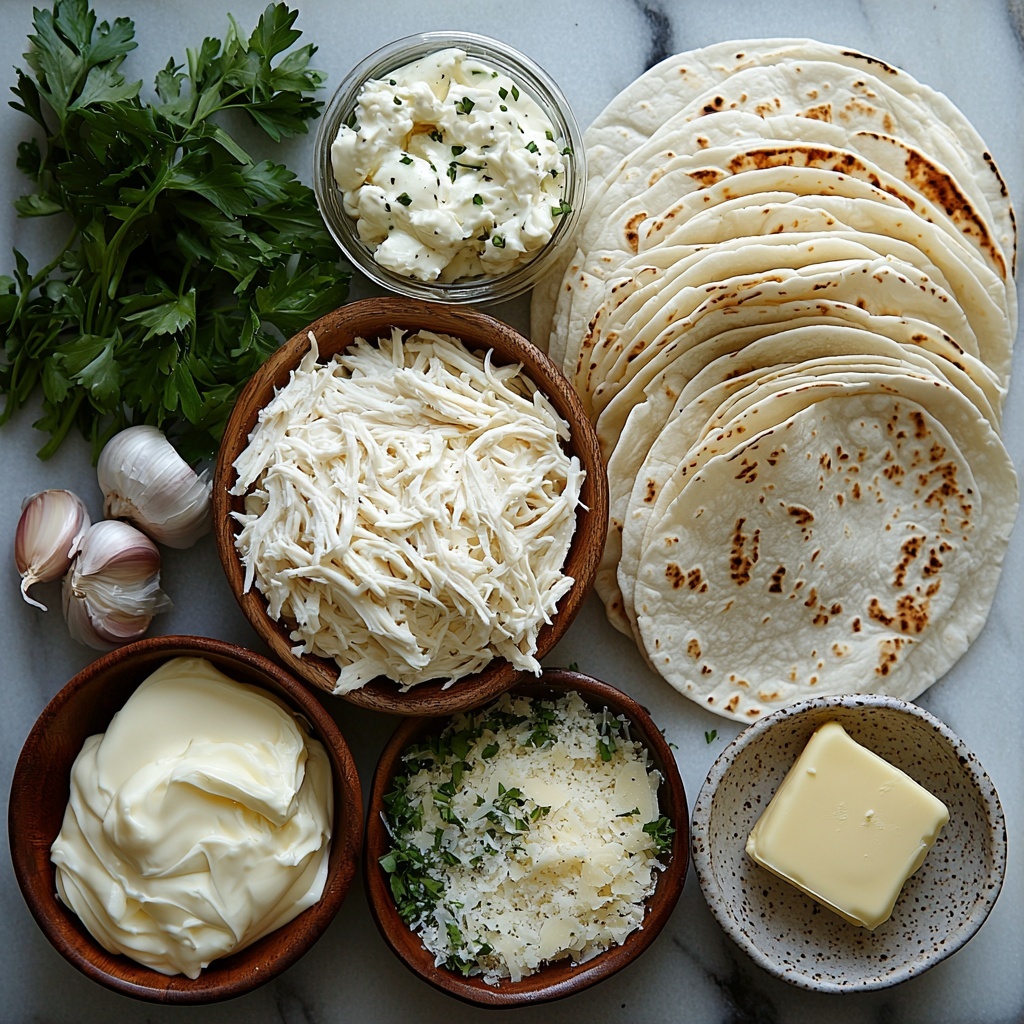 9- 2 cups shredded rotisserie chicken, tender and moist, pale golden with visible fibers; 1 cup shredded mozzarella cheese, soft white strands; 4 oz cream cheese block, smooth and creamy white; 1/2 cup grated Parmesan cheese, fine pale yellow granules; 2 cloves garlic, one whole and one minced, creamy white with papery skins; 1 tsp dried Italian seasoning, a mix of green herbs with tiny leaves; scattered fresh parsley leaves, vibrant green and fresh-looking; 4 flour tortillas, soft, round, light beige with subtle texture; 2 tbsp butter, golden yellow chunk on a small dish; all ingredients carefully spaced on a clean white marble surface with natural soft daylight, emphasizing varied textures and warm, appetizing colors, minimal shadows, styled with a few sprigs of extra herbs and subtle flour dusting for rustic charm, overhead shot, top down view, flat lay photography, professional food styling --ar 1:1 --q 2 --s 750 --v 6.1