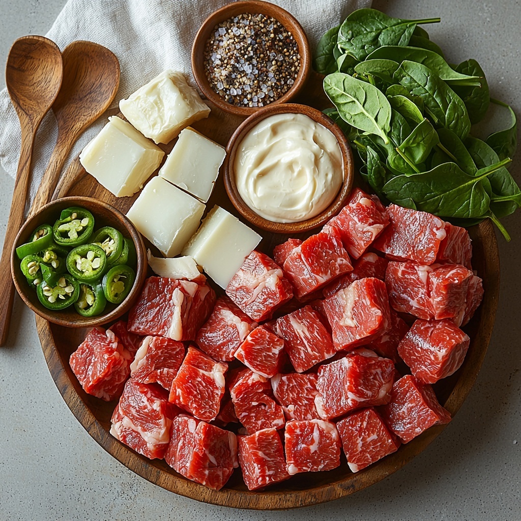 10- Beef slices of ribeye and sirloin, thinly sliced and marbled, arranged in a small rustic wooden bowl; chunks of creamy provolone cheese and a small bowl of smooth, golden Cheez Whiz side by side; fresh green bell peppers sliced into strips showing vibrant, glossy surfaces; thinly sliced white onions with translucent layers fanned out on a white ceramic plate; whole brown mushrooms with velvety caps and stems neatly grouped; fresh spring roll wrappers stacked in a neat pile, semi-translucent and delicate; small bowls of coarse salt, cracked black pepper, and finely ground garlic powder; a small dish of dark Worcestershire sauce with a shiny surface; sprigs of fresh spinach leaves and jalapeño slices adding pops of bright green and deep green hues; all ingredients carefully spaced on a clean, light grey concrete surface with soft natural lighting casting gentle shadows, emphasizing textures from creamy cheese to crisp vegetables, styled with minimalist wooden spoons and a folded linen napkin nearby, creating an inviting and organized layout perfect for recipe inspiration — overhead shot, top down view, flat lay photography, professional food styling --ar 1:1 --q 2 --s 750 --v 6.1
