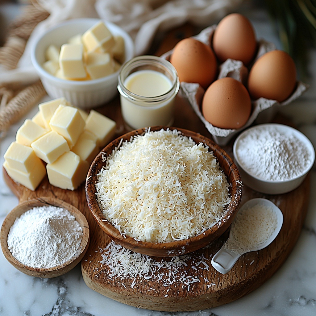 11- unsalted butter softened in a small rustic ceramic bowl, two sticks visible with a creamy texture, a glass measuring cup filled with granulated sugar sparkling white, four large brown eggs arranged neatly in a small carton, a small white bowl holding coconut extract liquid, a mound of all-purpose flour dusted with a light sprinkle of baking powder and salt on a wooden cutting board, half cup of canned full-fat coconut milk in a glass jar with condensation, a pile of sweetened shredded coconut with fluffy white and ivory textures spilling slightly from a linen napkin, powdered sugar in a delicate ceramic dish with a fine dusting on the surface, a small spoon resting on the side with a few tablespoons of coconut milk and a tiny bowl of coconut extract next to it, an optional small bowl of extra shredded coconut for garnish, all ingredients arranged artfully on a clean white marble surface with natural light casting soft shadows, subtle pops of neutral beige and warm white tones, minimal props to enhance freshness and simplicity, overhead shot, top down view, flat lay photography, professional food styling --ar 1:1 --q 2 --s 750 --v 6.1