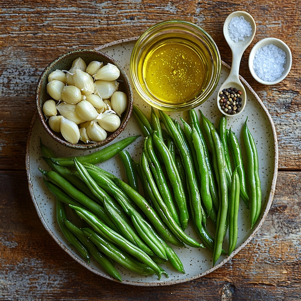 12- Fresh bright green trimmed green beans cut into 3-inch pieces, scattered loosely on a clean white ceramic plate and a natural light wood surface; small rustic glass bowl filled with golden translucent minced garlic cloves, some garlic cloves spilled nearby; sleek glass measuring cup with clear pale yellow canola oil; small white porcelain spoons holding coarse kosher salt crystals and freshly ground black pepper; soft natural daylight casting gentle shadows enhancing the vibrant green, glossy oil texture, and the garlic’s delicate translucency; minimalist, airy composition with negative space emphasizing freshness and simplicity; overhead shot, top down view, flat lay photography, professional food styling --ar 1:1 --q 2 --s 750 --v 6.1