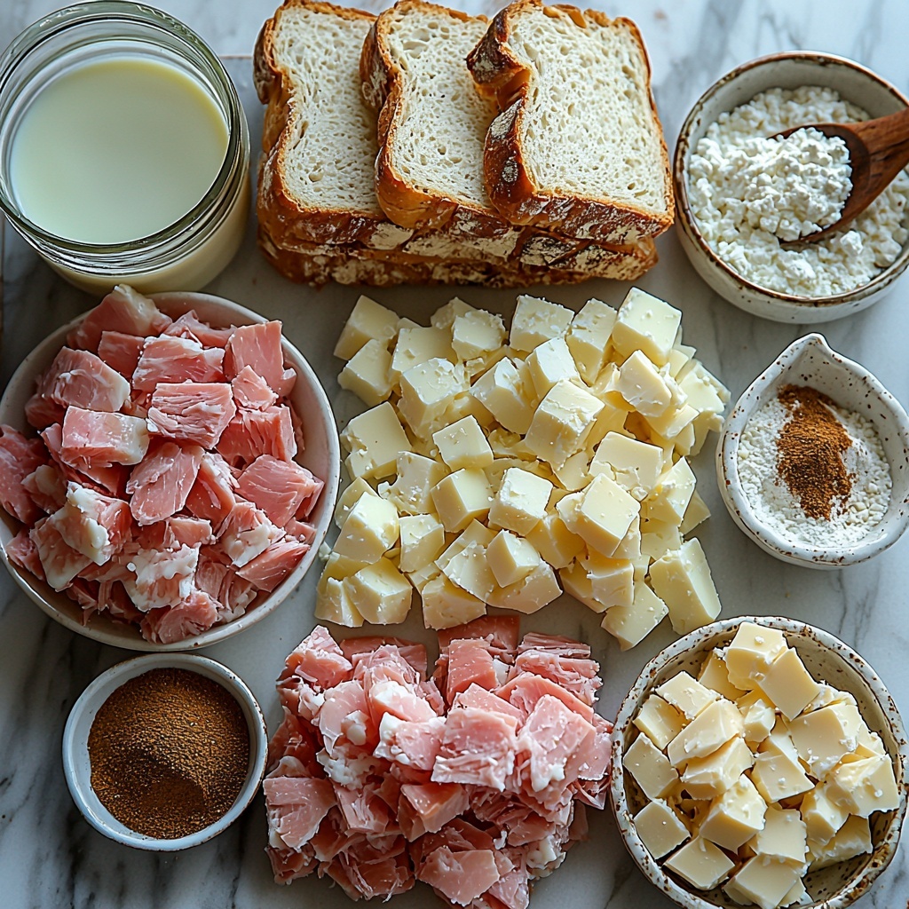 1- Flat lay of Monte Cristo Breakfast Casserole ingredients arranged neatly on a clean white marble surface: 8 slices of rustic white bread stacked and fanned out slightly, 6 large fresh brown eggs in a small white ceramic bowl, a glass measuring cup filled with creamy milk, a small heap of shredded Swiss cheese with its pale yellow, slightly crumbly texture, diced ham and diced turkey arranged in separate small white bowls showcasing their pink and light beige tones, a small white ramekin with fine white powdered sugar, a tiny glass bowl with golden vanilla extract, and a wooden spoon holding warm brown ground cinnamon powder. Soft natural light casting gentle shadows, minimal props for a clean and inviting look, emphasis on natural colors and textures, slight rustic farmhouse vibe, overhead shot, top down view, flat lay photography, professional food styling --ar 1:1 --q 2 --s 750 --v 6.1