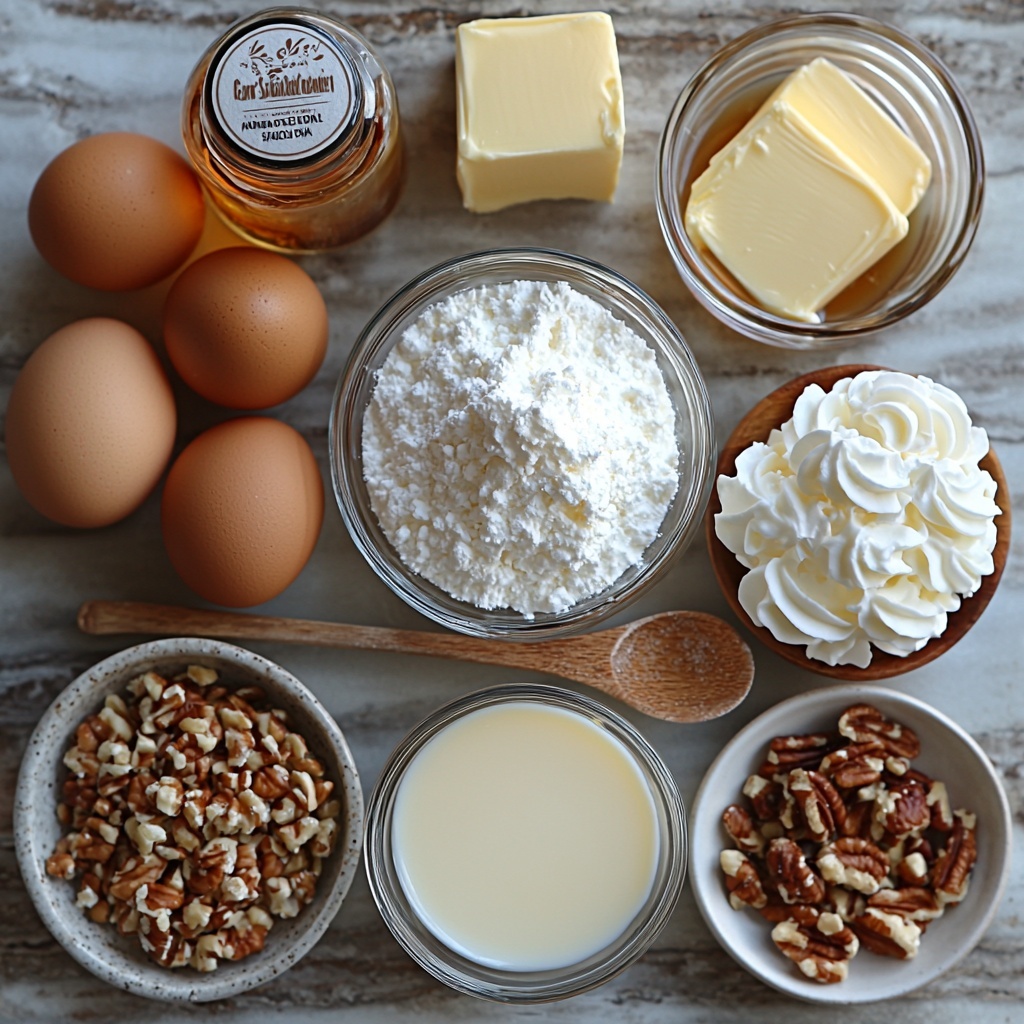 2- A clean, bright surface with the main ingredients for salted caramel puddings artfully arranged: a small mound of granulated sugar sparkling under soft light next to a glass bowl of amber caramelized sugar syrup with a slight sheen, a rustic wooden spoon resting beside it; a clear glass measuring cup filled with smooth heavy cream, its creamy white contrasting with a smaller glass bowl of whole milk showing a delicate pale color; a small bowl of fine white cornstarch powder with a slightly matte texture; four large, glossy egg yolks in a ceramic bowl glowing with a rich golden hue; a small glass bottle of vanilla extract with deep brown liquid and a simple label; a square of unsalted butter with creamy yellow tones on a small plate, a pinch of coarse sea salt crystals scattered nearby adding sparkle; in addition, a bowl of airy whipped cream with soft peaks and a ramekin of crushed nuts displaying a crunchy texture in warm brown tones for garnish; the ingredients spaced evenly with natural shadows and subtle highlights enhancing textures and colors, arranged in a harmonious circle and lines to create visual balance and invite the viewer’s eye to explore each component — overhead shot, top down view, flat lay photography, professional food styling --ar 1:1 --q 2 --s 750 --v 6.1