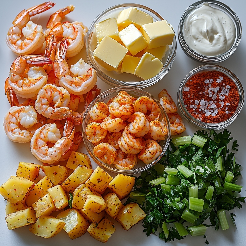 3 -A clean white surface with all the ingredients for creamy shrimp soup neatly arranged: a mound of plump, peeled and deveined large pink shrimp; a small bowl of golden unsalted butter cubes; finely chopped white onion; minced garlic cloves; a rustic pile of pale yellow diced potatoes; bright green chopped celery; a small bowl of reddish paprika powder; a glass measuring cup filled with rich, creamy white heavy cream; a cup of clear, amber low-sodium chicken broth; small piles of salt and freshly ground black pepper; and a bunch of vibrant fresh parsley leaves with delicate texture placed on the side. Soft natural lighting highlights the varying textures—from the smooth shrimp shells to the flaky butter and crisp celery—while subtle shadows add depth. The ingredients are spaced evenly but organically, creating visual balance and inviting colors that pop against the clean backdrop. Overhead shot, top down view, flat lay photography, professional food styling --ar 1:1 --q 2 --s 750 --v 6.1