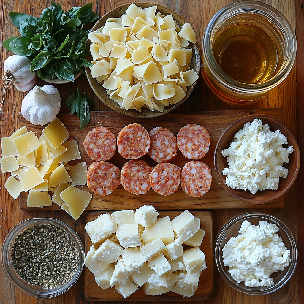 4- midjourney prompt: A clean, light wooden surface beautifully arranged with the main ingredients for Quick Lasagna Soup: a small glass bowl of golden olive oil glistening under soft light; a clear bowl filled with finely diced white onion pieces; a small heap of minced garlic cloves with a subtle off-white hue; a rustic mound of mild Italian sausage, raw and pinkish with marbled fat; a clear measuring cup pouring rich golden chicken stock; an open can revealing vibrant red diced tomatoes; a small bowl of thick, deep red tomato paste; sprigs of fresh oregano and a small cluster of dried Italian seasoning herbs scattered artistically; a delicate pile of bright green freshly julienned basil strips; several broken, rough-edged lasagna noodle pieces in pale yellow tones arranged loosely; a small bowl with finely grated pale yellow parmesan cheese; another bowl with freshly shredded mozzarella cheese, soft and snowy white; salt and black pepper grains subtly sprinkled nearby; and a small ceramic dish containing creamy white ricotta cheese with a smooth texture. Each ingredient is spaced evenly with natural shadows, emphasizing their contrasting colors and textures. The styling is clean and minimalistic with a slight rustic charm, highlighting freshness and homeliness. Overhead shot, top down view, flat lay photography, professional food styling --ar 1:1 --q 2 --s 750 --v 6.1