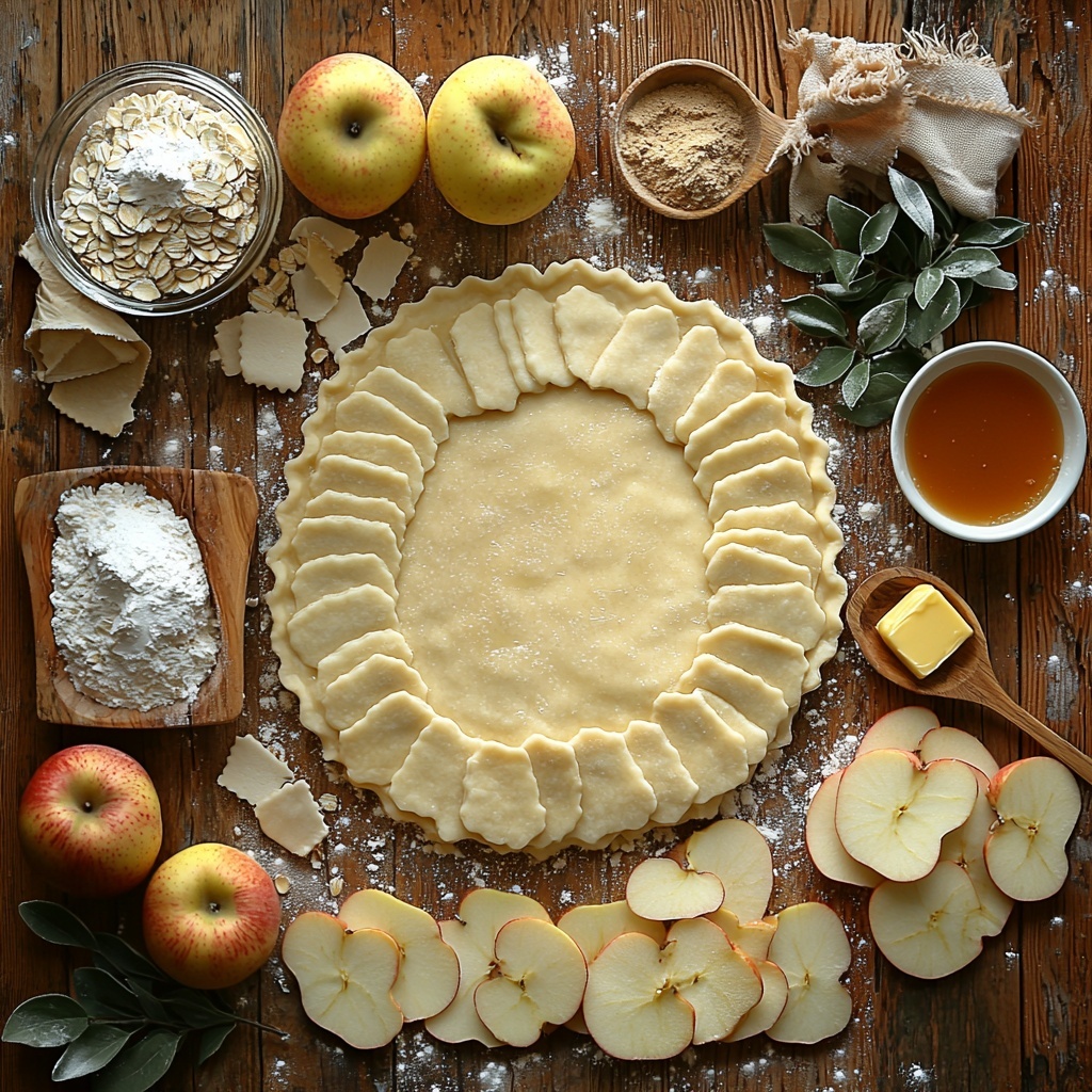 5- dough for single-crust pie rolled into a circle, white and smooth textured; white granulated sugar in a small glass bowl sparkling under light; small heap of pale beige all-purpose flour with soft powdery texture; ground cinnamon with warm reddish-brown fine powder in a wooden spoon; four medium baking apples, peeled and sliced into half-inch thick pieces, cream-colored flesh with hints of red skin edges; packed brown sugar with rich caramel color and moist grains in a rustic bowl; rolled oats, light tan flakes with rough texture; softened butter, pale yellow and creamy, slightly melting on a small dish; caramel ice cream topping with glossy amber color drizzled in a small artistic swirl on smooth white ceramic plate; all ingredients meticulously arranged on a clean, light wooden surface with natural soft lighting highlighting textures and colors, subtle shadows for depth, minimalistic styling with sprigs of fresh cinnamon sticks and a neatly folded linen napkin nearby; overhead shot, top down view, flat lay photography, professional food styling --ar 1:1 --q 2 --s 750 --v 6.1