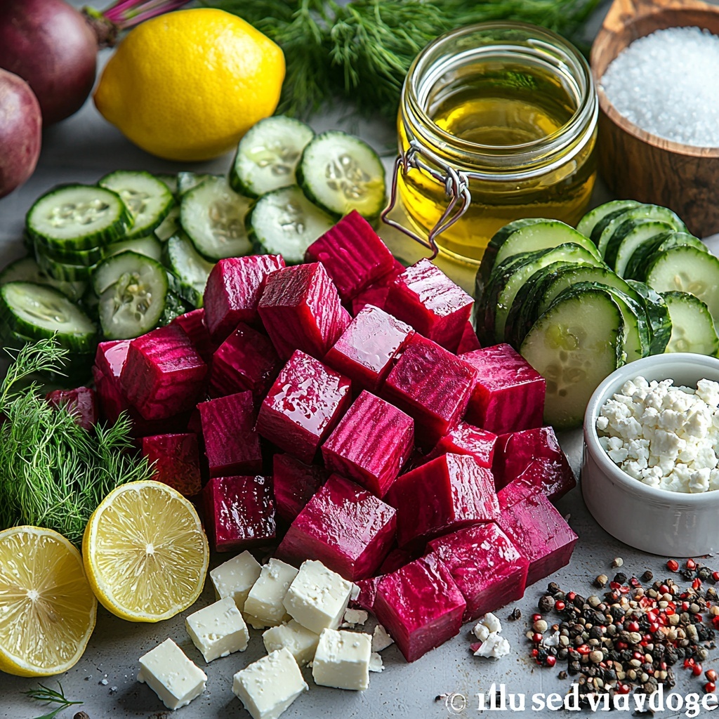 6- fresh beets whole and sliced showcasing deep red and bright magenta hues with smooth and rough textures, canned beets in a rustic glass jar partially open, crumbled feta cheese in a small white ceramic bowl displaying crumbly, creamy white texture, fresh English cucumbers and Persian cucumbers sliced into thin rounds and half-moons arranged neatly to show the contrasting dark and light green skins and juicy interiors, small glass bowls with golden extra virgin olive oil and pale green avocado oil, a halved lemon and lime with vibrant yellow and green flesh, fresh sprigs of dill and parsley with bright green feathery leaves, small piles of coarse salt, cracked black pepper, and fine white sugar, all ingredients carefully spaced and organized on a clean matte white surface with soft natural light casting gentle shadows, slight rustic wooden texture subtly visible at the edges, minimal props to enhance natural colors and textures, overhead shot, top down view, flat lay photography, professional food styling --ar 1:1 --q 2 --s 750 --v 6.1