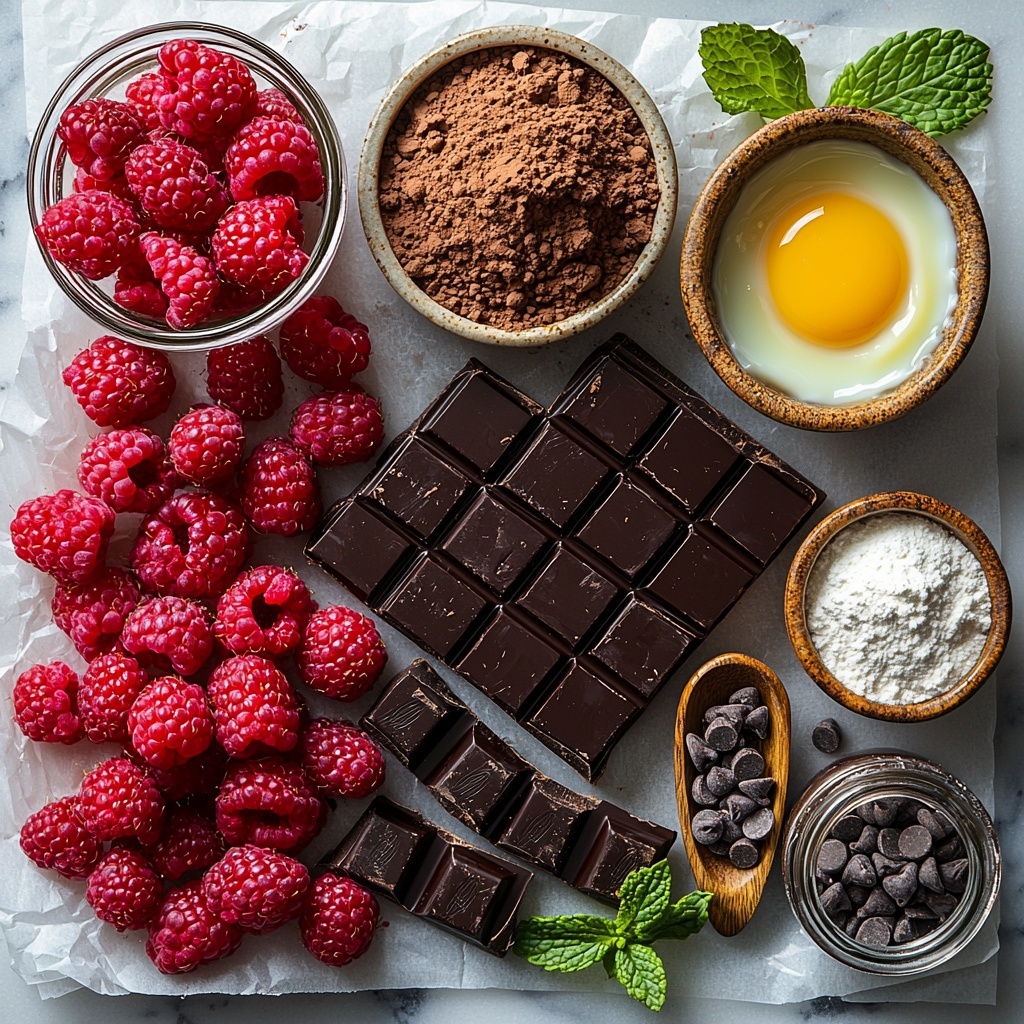 7- a flat lay of ingredients for raspberry chocolate bars arranged neatly on a clean white marble surface: a small bowl of bright red fresh raspberries with delicate texture, a rustic wooden scoop filled with semi-sweet chocolate chips showing glossy dark brown pieces, a clear glass bowl of smooth, melted golden butter, a ceramic dish holding fine white granulated sugar glistening under soft light, a stack of round white eggs with smooth shells, a heap of rich dark brown unsweetened cocoa powder with velvety texture on parchment paper, a small mound of fine all-purpose flour with a soft powdery look, a tiny ceramic spoon containing baking powder, another with salt crystals sparkling subtly, and a small glass jar of amber vanilla extract with a wooden cap—all ingredients spaced evenly with natural shadows, minimalistic styling emphasizing colors and textures, pops of red from raspberries contrasting with deep chocolate tones and neutral whites, softly diffused natural light highlighting the freshness and details, delicate sprigs of fresh green mint leaves added for a touch of color harmony, overhead shot, top down view, flat lay photography, professional food styling --ar 1:1 --q 2 --s 750 --v 6.1