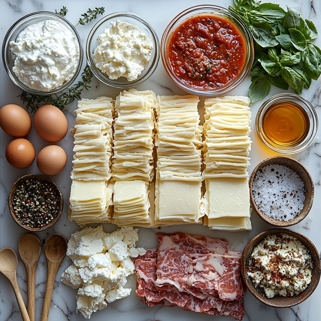 8- Bright and inviting flat lay of lasagna ingredients neatly arranged on a clean white marble surface: a glass bowl of creamy ricotta cheese (soft white texture), a whole large brown egg, a small pile of shredded mozzarella cheese (soft, fluffy white), a small bowl of freshly grated Parmesan cheese (fine snowy texture), a tiny dish with mixed Italian seasoning herbs (green and brown specks), small piles of salt and ground black pepper, a small glass measuring cup with golden olive oil, a halved yellow onion diced finely (bright yellow and translucent), raw ground beef and ground Italian sausage portions (rich red and pink marbled meat), three peeled garlic cloves minced finely (white with a slightly rough texture), a small rustic bowl of light brown chicken broth, a deep red bowl of marinara sauce glossy with texture, a small ramekin of thick bright red tomato paste, tiny spoons holding hot sauce and Worcestershire sauce (deep reddish-brown liquids), stacked uncooked flat lasagna noodles (pale beige, smooth and slightly curved), and a separate pile of shredded mozzarella cheese (soft and fluffy). Ingredients spaced evenly with careful negative space, soft natural light highlighting textures, subtle shadows adding depth, styled with rustic wooden spoons and a linen napkin for warmth and authenticity. overhead shot, top down view, flat lay photography, professional food styling --ar 1:1 --q 2 --s 750 --v 6.1