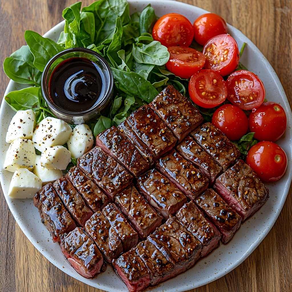9- balsamic vinaigrette in a small clear glass bowl with dark glossy texture, a raw sirloin steak with marbling laid on a white ceramic plate, vibrant mixed salad greens with varied shades of deep and light greens spread loosely, bright red cherry tomatoes halved to reveal juicy interior scattered evenly, soft white mozzarella cheese cubes with smooth texture grouped neatly, thinly sliced translucent purple-red red onion fanned out gently, fresh bright green basil leaves placed artfully nearby, all ingredients arranged on a clean light wooden surface with natural soft lighting casting subtle shadows, emphasizing fresh colors and contrasting textures, minimal props for a modern rustic aesthetic, sharp focus highlighting details of each component, overhead shot, top down view, flat lay photography, professional food styling --ar 1:1 --q 2 --s 750 --v 6.1