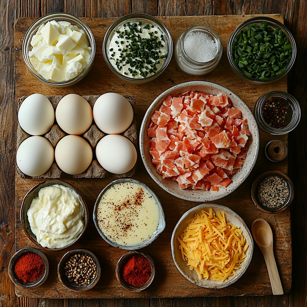 12- Twelve large brown eggs arranged neatly in a rustic ceramic bowl, a clear glass measuring cup filled with creamy white milk, small bowls containing fine white salt, cracked black pepper, and vibrant red cayenne pepper, a small jar of smooth, glossy Dijon mustard with a spoon, a neat stack of golden toasted English muffin cubes on a wooden board, chopped pink Canadian bacon pieces scattered lightly on a white plate, a pile of shredded bright orange cheddar cheese with soft, shredded texture, and a small bunch of vivid green chopped fresh chives on a white linen napkin. All ingredients are placed evenly spaced on a clean, light wooden tabletop with natural soft daylight enhancing the warm colors and textures, subtle shadows adding depth, styled with minimal props like a wooden spoon and a linen cloth for a cozy, inviting atmosphere. Overhead shot, top down view, flat lay photography, professional food styling --ar 1:1 --q 2 --s 750 --v 6.1
