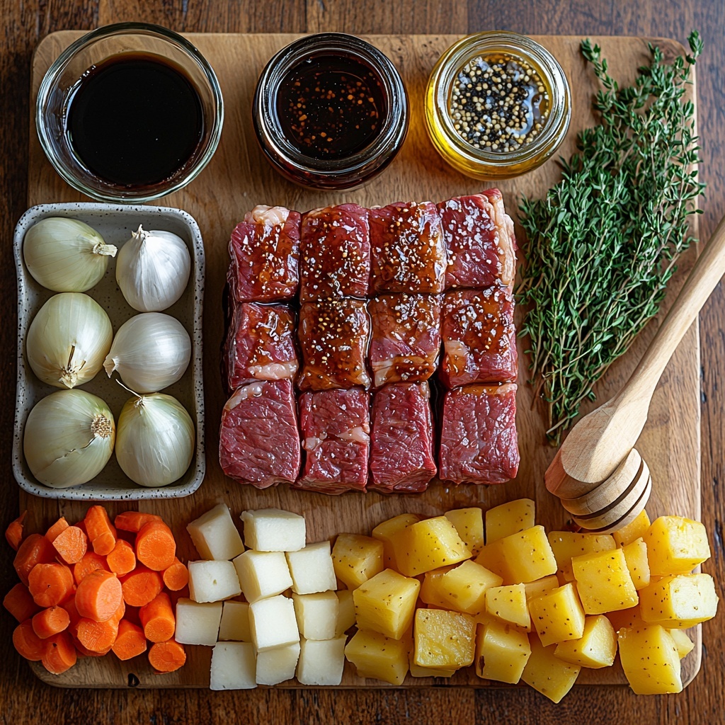1- /Imagine prompt: A clean, light wood surface neatly arranged with the main ingredients for a Honey Balsamic Chuck Roast recipe. Centered is a large raw chuck roast with rich marbling and deep red color. Surrounding it are a small bowl of glossy, dark balsamic vinegar, a jar with thick golden honey, and a wooden spoon resting on a white dish with minced garlic cloves scattered nearby. To one side, a small ceramic bowl of soy sauce with its dark, shiny liquid reflecting light. Sprigs of dried rosemary with needle-like texture lie next to a small heap of coarse salt crystals and freshly ground black peppercorns. Nearby, a clear glass container of lustrous olive oil, catching the warm light. A peeled and sliced large onion shows its translucent, layered rings. Bright orange chopped carrots and pale yellow diced potatoes are arranged in rustic piles. Fresh green parsley sprigs provide a pop of color and freshness to the composition. The scene is styled minimalist yet warm, highlighting natural colors and textures, with soft, diffused lighting creating gentle shadows and a cozy, inviting mood. Overhead shot, top down view, flat lay photography, professional food styling --ar 1:1 --q 2 --s 750 --v 6.1