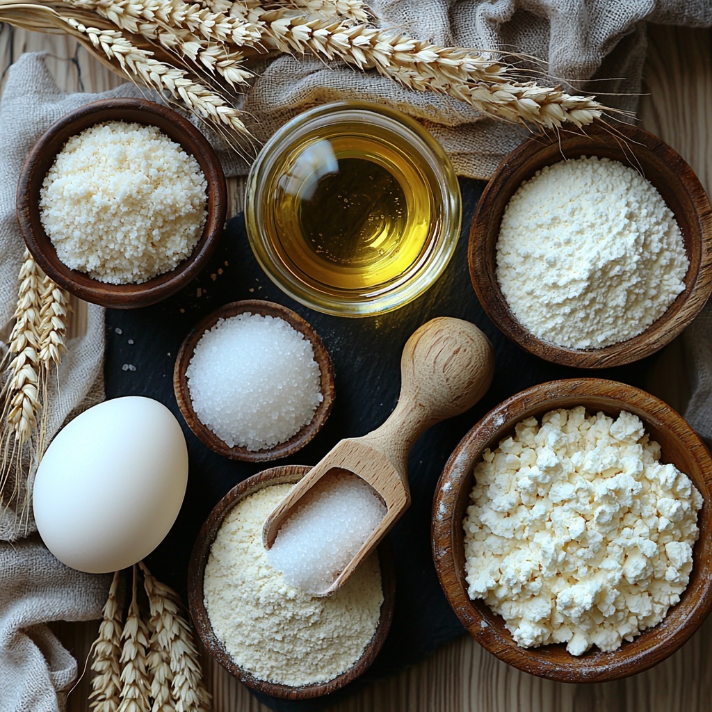 2- Warm milk in a small clear glass measuring cup with condensation, a small bowl of pale beige sourdough discard showing a soft tangy texture, a glass jar of golden vegetable oil catching light, a wooden scoop spilling bright white granulated sugar crystals, a rustic small bowl of fine white salt, a fresh smooth brown egg resting on a linen napkin, a heap of fluffy white all-purpose flour on a dark slate surface, all ingredients carefully spaced and arranged in a harmonious circle on a clean matte white backdrop. Natural soft daylight highlights subtle shadows and textures, with a few sprigs of fresh wheat stalks and a wooden spoon adding rustic charm. The composition balanced with modern minimalism, emphasizing the ingredients' colors and textures. overhead shot, top down view, flat lay photography, professional food styling --ar 1:1 --q 2 --s 750 --v 6.1