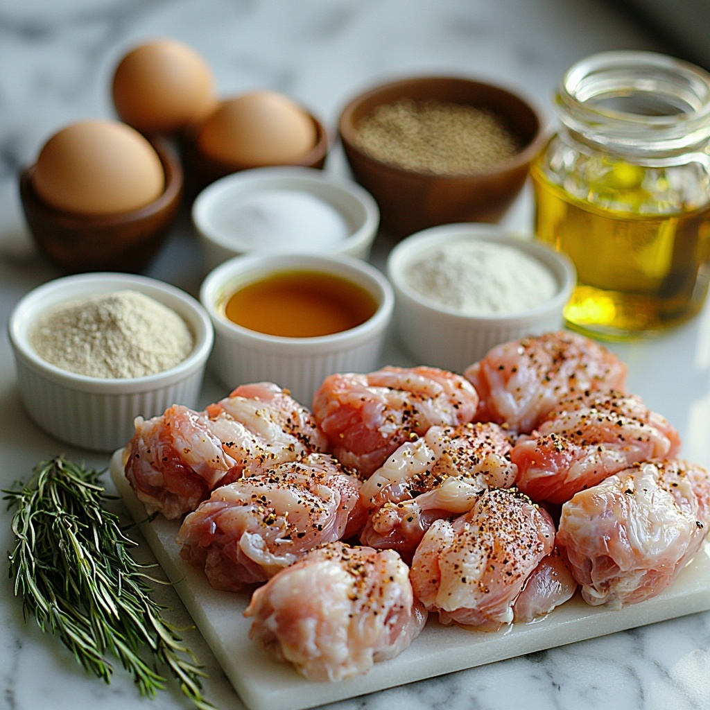 3- A clean white marble surface arranged with 10 raw whole chicken wings showcasing their pale pink skin and plump texture, a small rustic ceramic bowl filled with golden vegetable oil shimmering under soft light, a trio of small glass bowls containing white salt crystals, fine white garlic powder, and light tan sugar granules, a tiny white porcelain dish with fine white flour, a clear glass bowl with translucent white cornstarch powder, a shallow dish with glossy dark brown soy sauce, a tiny cup holding amber-colored mirin, a small glass ramekin of smooth whisked pale yellow egg, a delicate spoon with amber sesame oil, and a group of miniature white dishes holding ground white pepper, warm beige ground ginger, and pale off-white onion powder, all meticulously spaced with subtle sprigs of fresh green herbs for accent, natural daylight casting soft shadows, textures contrasting from powdery to glossy and moist, minimalistic yet inviting arrangement, overhead shot, top down view, flat lay photography, professional food styling --ar 1:1 --q 2 --s 750 --v 6.1