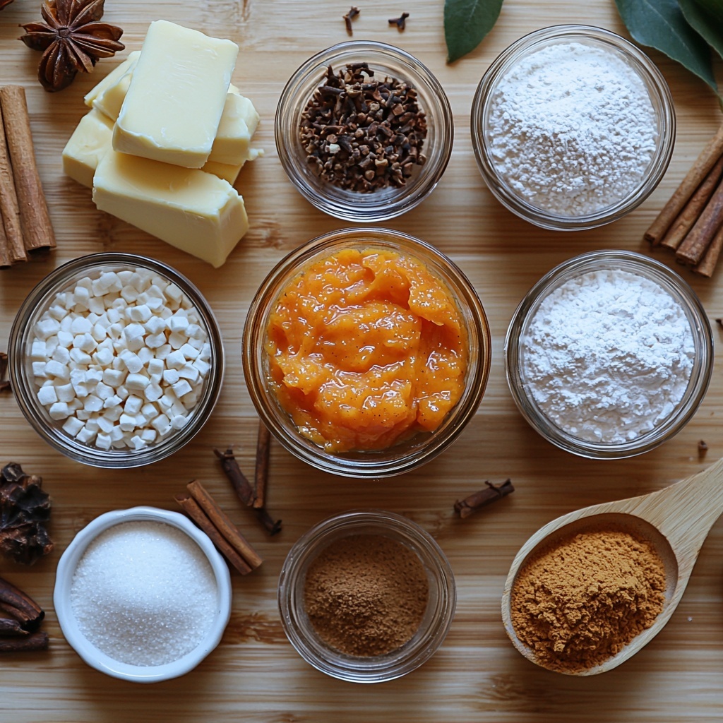 4- Soft vegan butter in small glass bowls, a rustic ceramic bowl of bright orange pumpkin puree, mounds of golden brown sugar and fine white granulated sugar in small white ramekins, a tiny dish with rich amber vanilla extract, a vintage flour sack spilling pale all-purpose flour, wooden scoop with baking powder powder, cinnamon sticks and warm brown pumpkin pie spice powder scattered artistically, fine cornstarch powder in a clear bowl, small salt crystals in a porcelain spoon, another bowl with creamy vegan butter for frosting, a jar of dark vanilla paste, a heap of soft brown sugar for frosting, a small bowl filled with fluffy white powdered sugar, cinnamon powder sprinkled lightly around, all ingredients arranged neatly on a pristine light wood surface with warm, natural soft lighting, subtle shadows, natural textures visible, calm and inviting autumnal color palette, overhead shot, top down view, flat lay photography, professional food styling --ar 1:1 --q 2 --s 750 --v 6.1