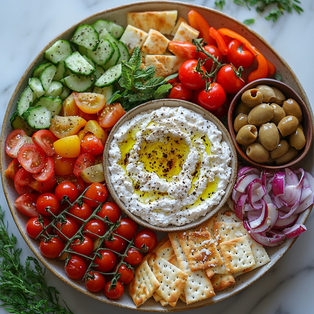5- 150g crumbled feta cheese, 150g sliced halloumi, 150g goat cheese or cream cheese, 1 cup smooth hummus, ½ cup creamy tzatziki, 1 cup vibrant red cherry tomatoes, 1 cup fresh cucumber slices, 1 cup colorful sliced bell peppers (red, yellow, orange), 1 cup roasted eggplant or zucchini with caramelized edges, ½ cup dark Kalamata and green olives, golden toasted pita bread triangles, mixed rustic crackers and flatbreads, scattered fresh green herbs like parsley, mint, and dill, drizzle of glistening olive oil or amber hot honey, and sprinkled toasted nuts (walnuts, pistachios, almonds) all carefully arranged on a clean white marble surface. The cheeses are in small bowls or neatly crumbled/sliced and centered, surrounded by bowls and clusters of dips, fresh and roasted vegetables, olives, and bread artfully fanned out for texture contrast. The colors are bright and Mediterranean-inspired, showcasing reds, greens, creamy whites, and golden browns, with natural light accentuating textures like the crumbly feta, smooth creamy dips, and crunchy crackers. Minimal shadows, fresh herbs scattered for pops of green, and a slight drizzle of oil or honey catching the light add an inviting, vibrant feel. Overhead shot, top down view, flat lay photography, professional food styling --ar 1:1 --q 2 --s 750 --v 6.1