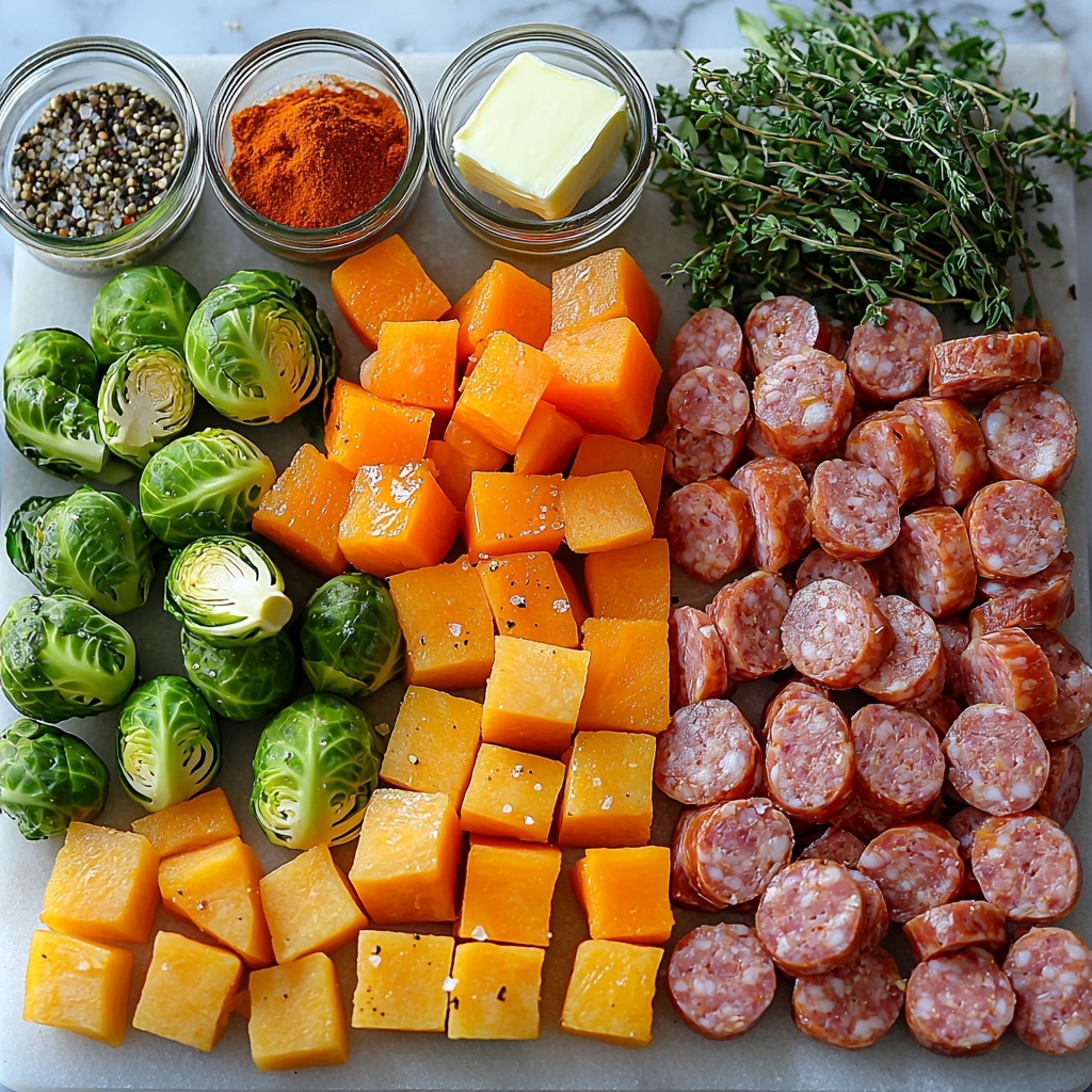 6- butternut squash cubes, bright orange with smooth edges, arranged in a neat small pile on one side; fresh Brussels sprouts, vibrant green and halved, some with crisp outer leaves slightly open, scattered in a natural cluster nearby; sliced smoked sausage coins, reddish-brown with a glossy texture and subtle char marks, laid out in a casual overlapping line; dry bow tie pasta, pale yellow with firm ridges, loosely spread in a small heap showing their distinctive shape; cloves of garlic, whole and minced finely, displayed in a tiny white ceramic bowl; a small dollop of butter with a creamy, soft texture on a wooden butter knife; fresh thyme sprigs with delicate green leaves artfully placed to add freshness; small glass containers with golden olive oil, coarse salt crystals, black peppercorns, and a tiny heap of smoked paprika powder, each carefully positioned to enhance colors and textures; all elements arranged with balanced spacing on a clean white marble surface with soft natural light casting gentle shadows for depth, emphasizing vibrant autumnal tones and contrasting textures; overhead shot, top down view, flat lay photography, professional food styling --ar 1:1 --q 2 --s 750 --v 6.1