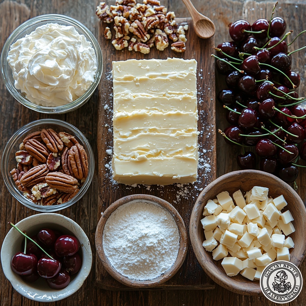 7- A clean, bright surface displaying the main ingredients for cherry pecan cheesecake arranged in an artful flat lay: a small bowl of golden graham cracker crumbs next to a glass bowl with glossy melted butter, a small white dish with fine white sugar, and a block of smooth, softened cream cheese showing its creamy texture on a wooden board. Nearby, a delicate bowl of snowy powdered sugar and a glass vial of vanilla extract with a small wooden spoon. A chilled bowl of fluffy, whipped heavy cream with soft peaks and a rustic bowl filled with vibrant, fresh red cherries, some whole and some pitted, scattered naturally. Toasted chopped pecans with rich brown hues in a small ceramic bowl, and a neat pile of fine unflavored gelatin powder on parchment paper. Subtle shadows, warm natural light highlighting the contrasting textures from crumbly to creamy to juicy and crunchy, minimal props in neutral tones to emphasize the colors of the ingredients, all meticulously arranged to balance shape and color harmony. Overhead shot, top down view, flat lay photography, professional food styling --ar 1:1 --q 2 --s 750 --v 6.1