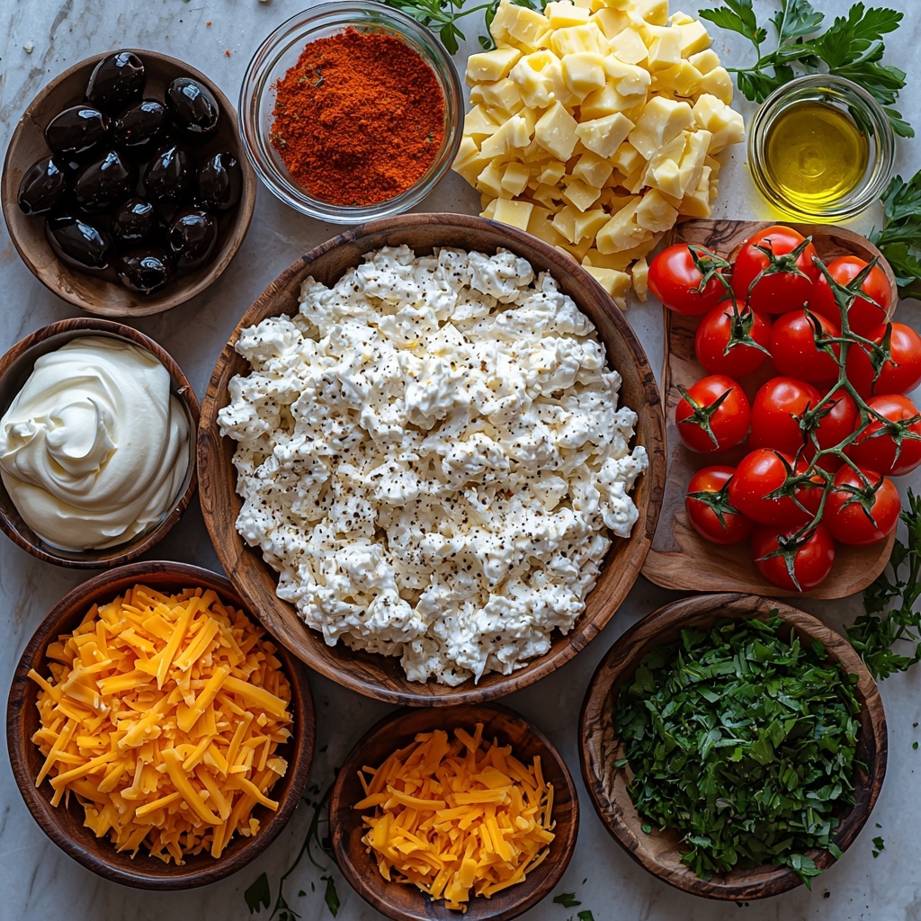 8- cream cheese block (smooth, creamy white), sour cream in a small bowl (soft, glossy white), ground turkey raw (pinkish, slightly crumbly texture) in a wooden bowl, shredded cheddar cheese heap (bright orange, fluffy texture), diced fresh tomatoes (vibrant red, juicy cubes) in a small glass bowl, sliced black olives (matte black, round pieces) scattered loosely, small bowls containing olive oil (golden yellow, glossy liquid) and taco seasoning powder (warm brown, fine texture), garlic powder sprinkling (off-white, fine dust) arranged neatly on a clean white marble surface with soft natural light creating gentle shadows, elements spaced evenly to highlight contrasting colors and textures, a rustic wooden spoon resting beside the turkey bowl, subtle green herb sprigs adding freshness and balance, overall bright and inviting flat lay composition with a contemporary minimalistic style, overhead shot, top down view, flat lay photography, professional food styling --ar 1:1 --q 2 --s 750 --v 6.1