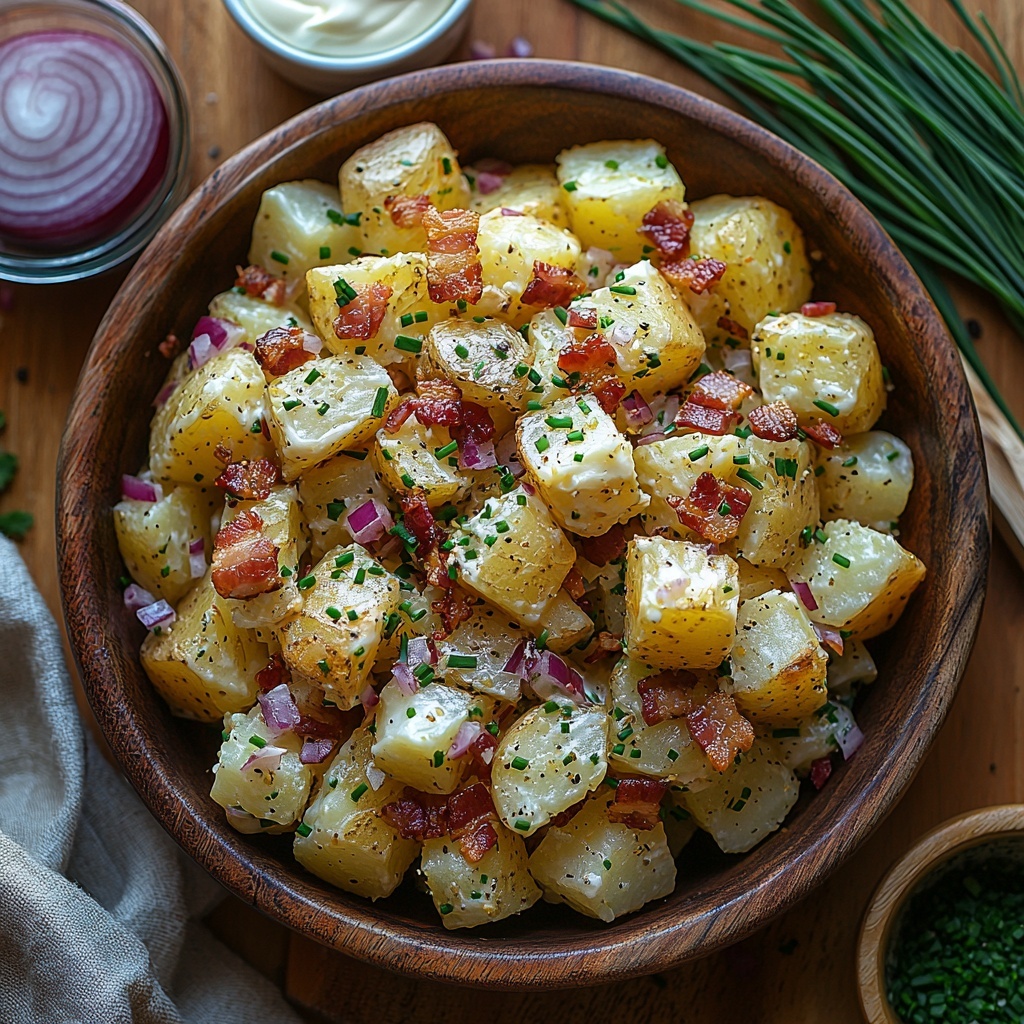 9- 2 pounds Yukon Gold potatoes cut into 1-inch cubes with golden-yellow color and slightly waxy texture, scattered naturally; 4 slices thick-cut crispy bacon pieces with reddish-brown, glistening texture in a small rustic bowl; 3/4 cup creamy white mayonnaise in a glass jar with a wooden spoon; 2 tablespoons smooth sour cream in a small white ramekin; 1 tablespoon Dijon mustard with a glossy, bright yellow mustard color in a small dipping bowl; 1/4 cup finely chopped fresh chives vibrant green and fresh-looking sprinkled loosely on parchment paper; 1/4 cup finely chopped red onion showing vivid purple-red hues, arranged in a small ceramic dish; coarse sea salt grains and freshly ground black peppercorns in tiny glass bowls; all ingredients laid out on a clean, light wood surface with soft natural morning light casting gentle shadows; styled with rustic kitchen linen napkins and a few sprigs of chives artfully placed for contrast and freshness; vibrant colors and contrasting textures emphasized for appetizing appeal; overhead shot, top down view, flat lay photography, professional food styling --ar 1:1 --q 2 --s 750 --v 6.1