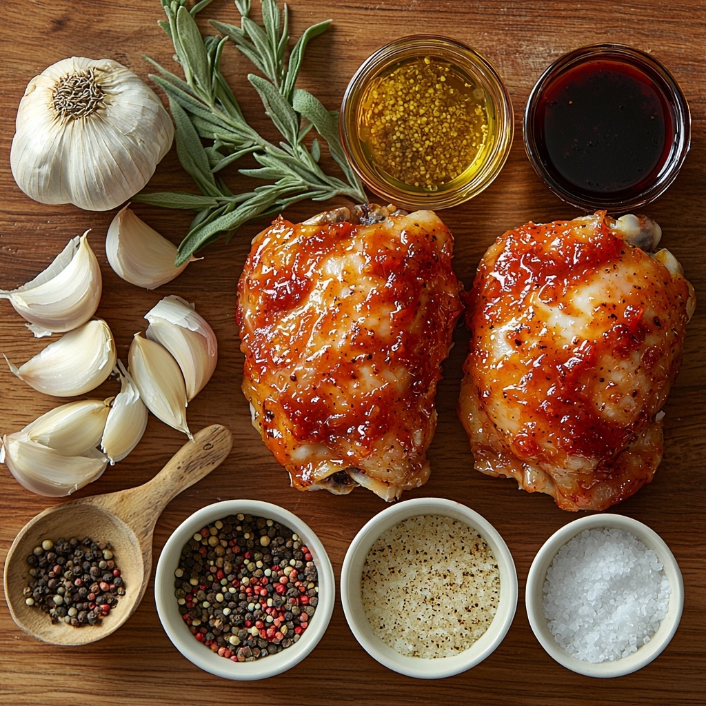 10- a clean, light wooden surface with the following ingredients artfully arranged for flat lay photography: two raw bone-in, skin-on chicken thighs with golden skin texture, a small white bowl filled with glossy dark brown cola, a small white bowl of smooth bright red ketchup, a small heap of fine golden-brown brown sugar crystals, a halved small yellow onion showing its pale yellow layers, a few scattered dried oregano leaves with a muted green tone, a small wooden spoon holding pale yellow dry mustard powder, a clove of garlic with papery white skin and some minced garlic in a white ceramic spoon, a small glass bowl of rich dark Worcestershire sauce, a small white dish with golden olive oil reflecting light, and small piles of fine white salt and cracked black peppercorns nearby. The elements are spaced evenly, with soft natural lighting enhancing the warm and earthy tones of the ingredients, subtle shadows adding depth, and minimal props to keep focus on the textures and colors. The arrangement feels balanced, inviting, with a modern rustic style. overhead shot, top down view, flat lay photography, professional food styling --ar 1:1 --q 2 --s 750 --v 6.1