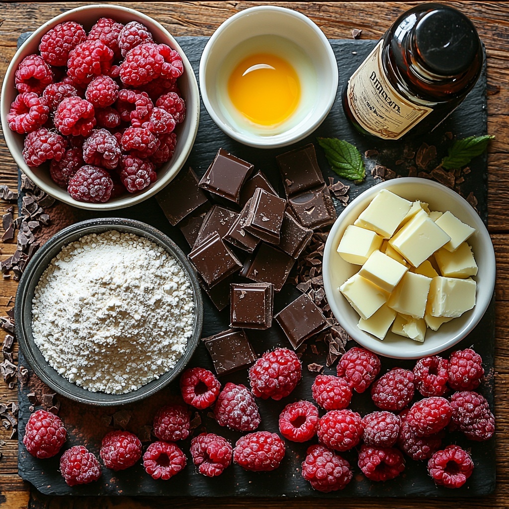 12- all-purpose flour in a small glass bowl, unsweetened cocoa powder in a ceramic dish, powdered sugar in a white ramekin, cold cubed unsalted butter on a wooden board, a single bright yellow egg yolk in a small clear bowl, a small dish with cold water, a pinch of salt in a tiny porcelain spoon, finely chopped dark chocolate scattered loosely on a slate plate, chopped white chocolate in a white bowl, a small metal saucepan with heavy cream just warmed, fresh bright red raspberries scattered and grouped artistically, a vanilla extract bottle with a vintage label, chopped dark or semi-sweet chocolate piled neatly on a dark ceramic plate, a tablespoon of unsalted butter on a small rustic dish, clean parchment paper sheet partially rolled, all ingredients arranged thoughtfully with visible textures like the coarse flour, smooth chocolate chunks, and juicy raspberries on a pristine light wood surface, soft natural lighting highlighting the contrast between the dark chocolates and vibrant raspberries, minimal shadows with subtle reflections adding depth, styled with a few green raspberry leaves and a delicate linen napkin at the corner, creating an inviting and elegant mood — overhead shot, top down view, flat lay photography, professional food styling --ar 1:1 --q 2 --s 750 --v 6.1